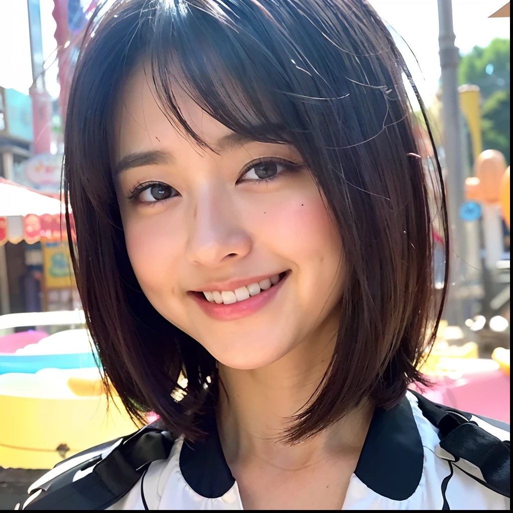 (top-quality、8K、32K、masterpiece、nffsw:1.2)、Photo of a cute Japanese woman、very short bobbed hair、The upper part of the body、sface focus、Amusement Park Background、From above、looking at the viewers、Sleeveless、Background amusement park、Wear a camisole