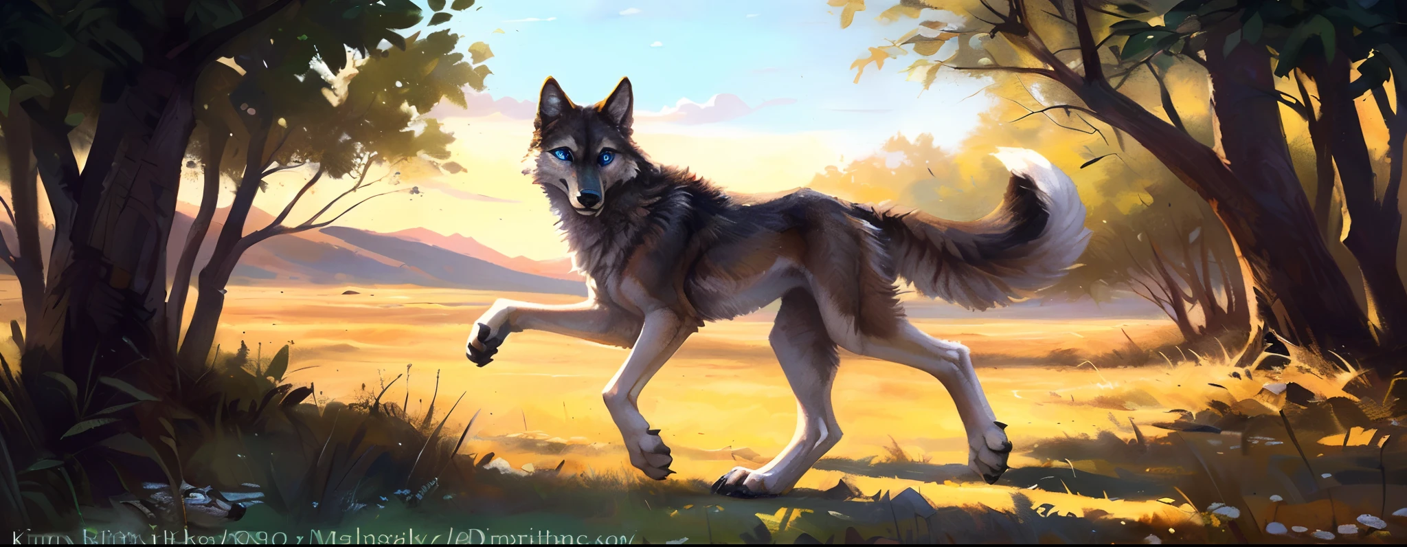 ((Solo)), Male, coyote, (Multi-colored fur, White-brown:1.3,White tail pointed), (Body length 1.8 meters,Tail length 1.2m), ((Wolf face, White hair, Big eyes, White eyelids, Blue pupil, Slim:1.2) (Tough, Calm expression:1.2)), Robust,Slim, pinging)), (Correct body anatomy), A long big tail,Feet,Longer torso,Well-proportioned limbs,(Realistic fur, Detailed fur texture, labeled:1.3)), (Natural lighting), Photorealistic, Hyperrealistic, ultradetailed, by Kenket,Naked all over the body,Endless grasslands,Walking