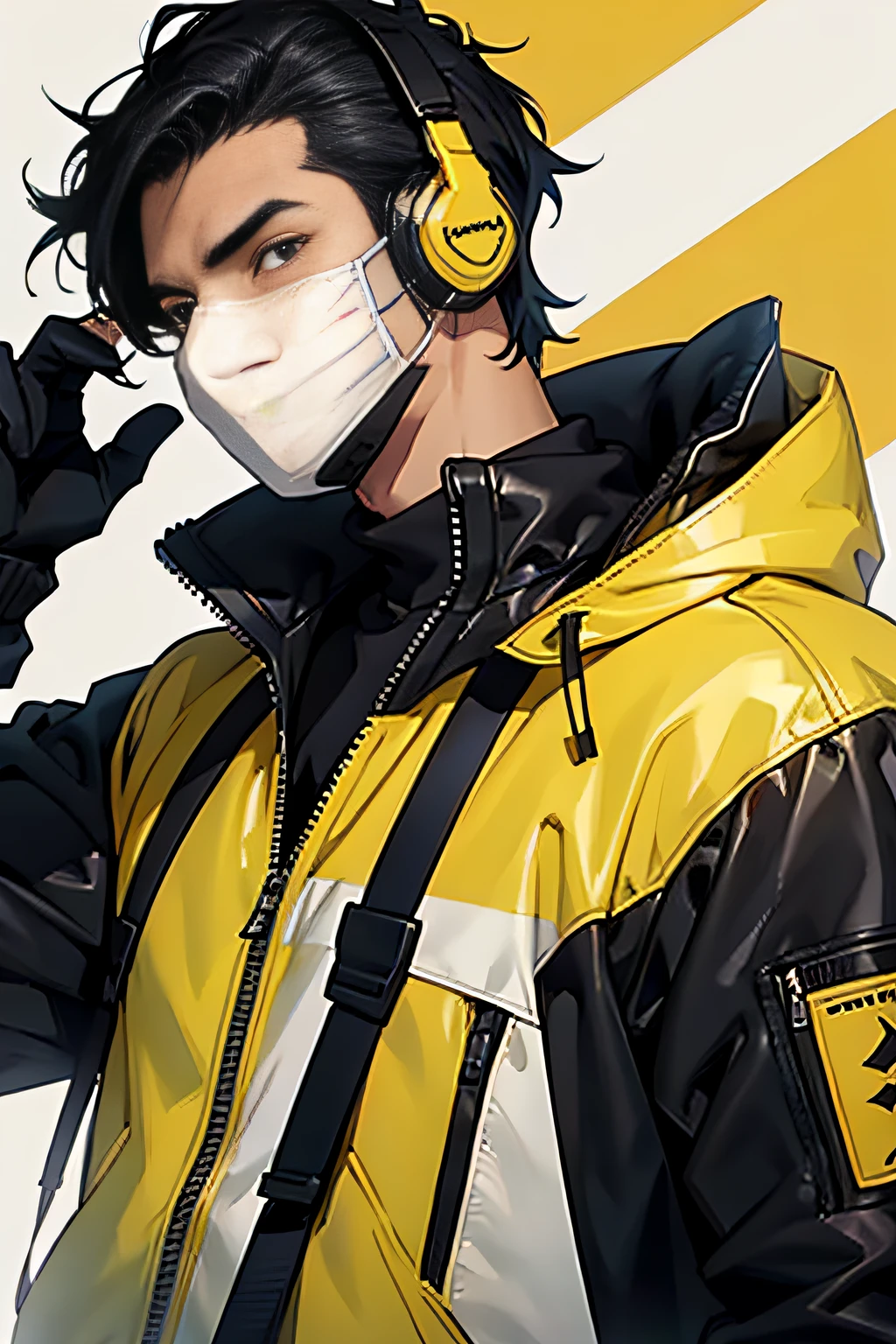 cool man, yellow jacket, wearing black headset, white mask, black hair, high detailed,
