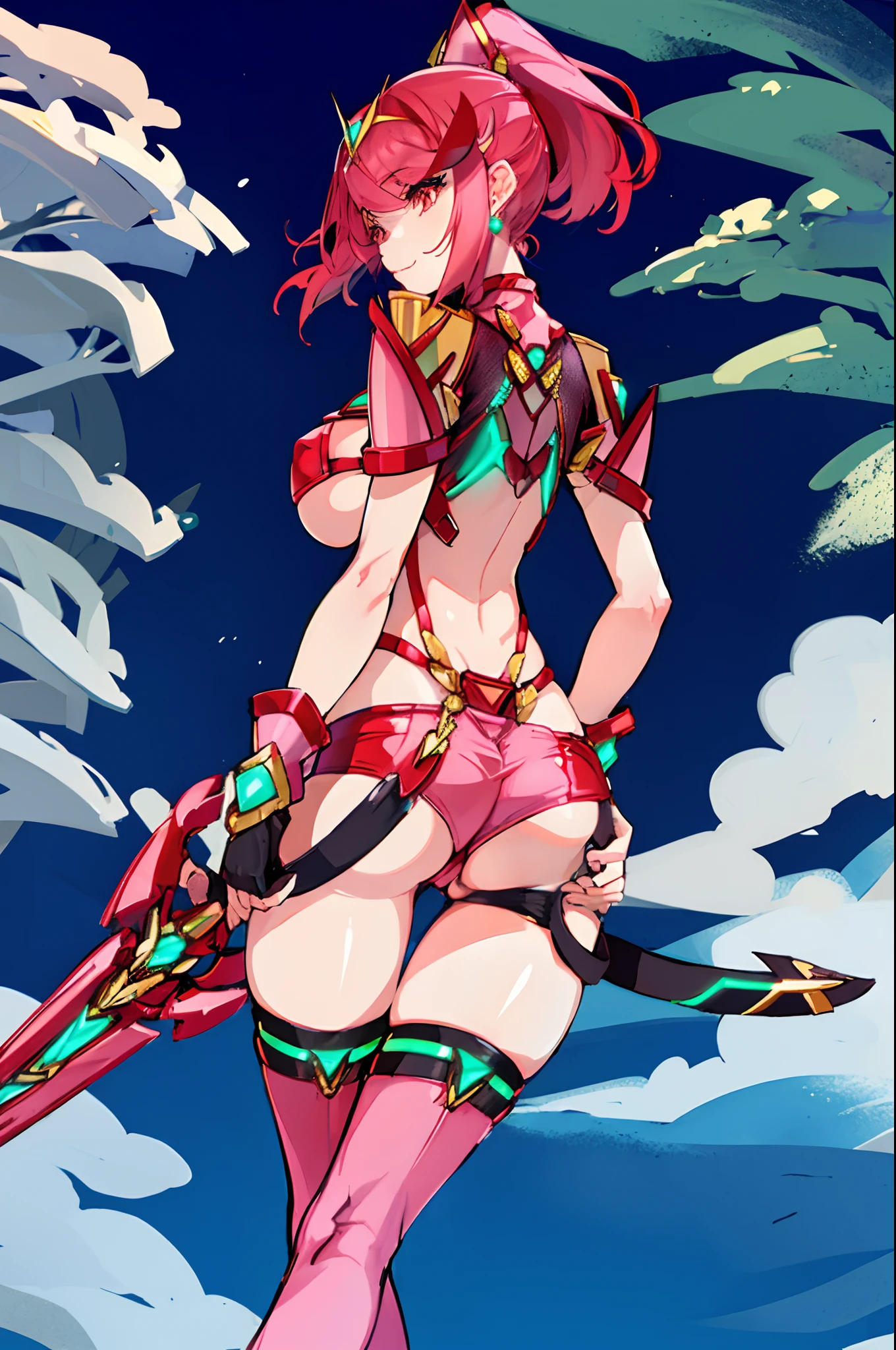 pyra \(xenoblade\), _1girl, lolibangs, black gloves, breasts, red eyes, shout, earrings, eyelashes, fingerless gloves, floating hair, , gem, gloves, hair ornament, headpiece, jewelry, gigantic_breasts, leaning back, swimsuit, neon trim, official art, pose, red hair, saitou masatsugu, short hair, sidelocks, skin tight, solo, swept bangs, thighhighs, tiara, fantasy_town_background, underbust, xenoblade chronicles \(series\), (xenoblade chronicles 2), (spread_legs:1.1), fire_effect,dynamic_pose,fighting,light_smile, (plump:1.1), big_ass,huge_sword, hold_large_sword_hilt, covered_nipples, covered_pussy, fists,ponytail,beautiful_fingers,(solo:1.1), bare_shoulder,(shoulder_naked:1.2), nipple_jewel,back, back_view, focus_ass,ass, (very_short_shorts:1.3),(lise_leg:1.4)