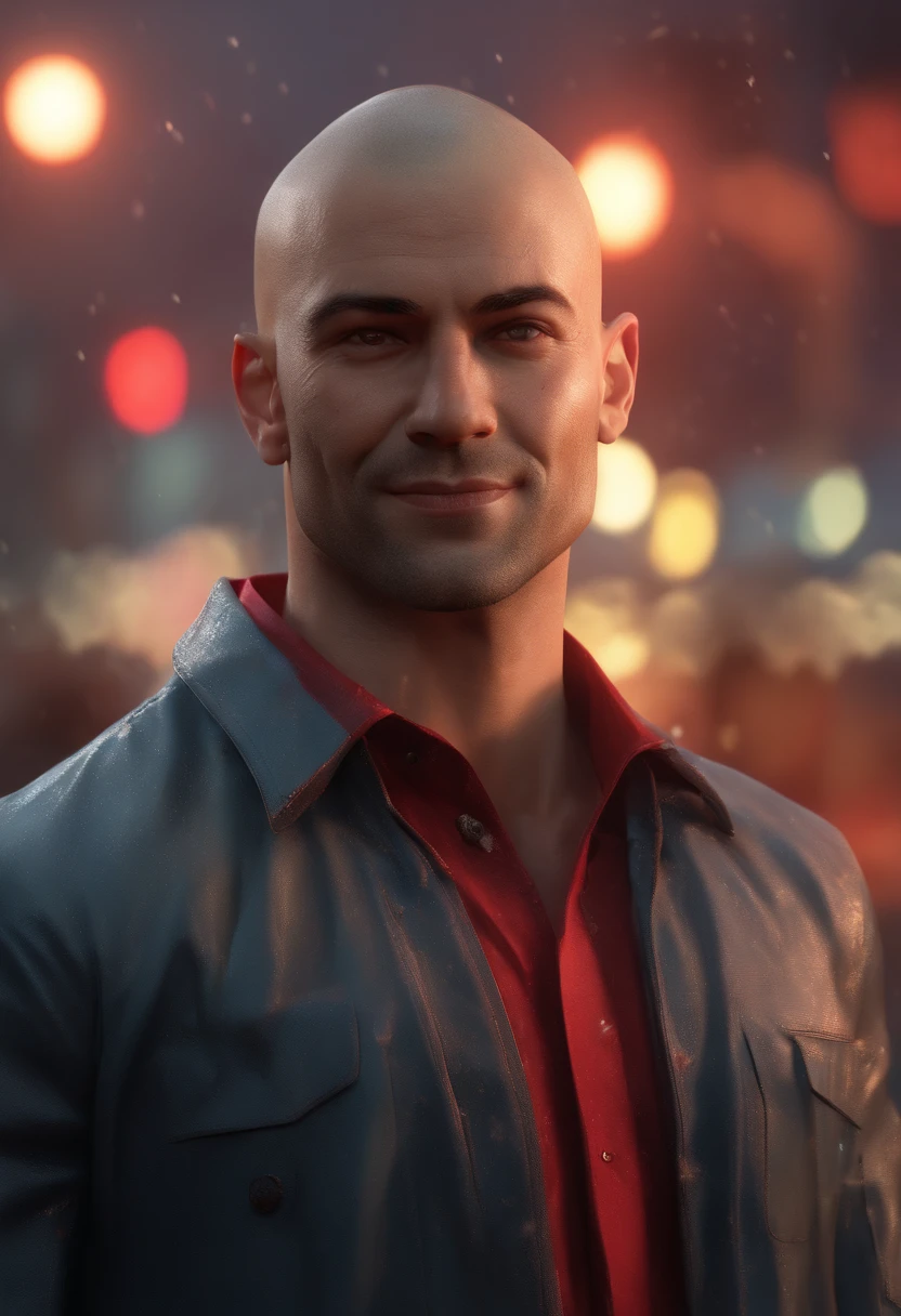 a man with an evil smile button up shirt, raining in the city, fire burning in the background, shaved head, red rim lighting, 8K, UHD, [candid, amateur], cinematic lighting, upper body, highly detailed face, close up, serious face, villainous
