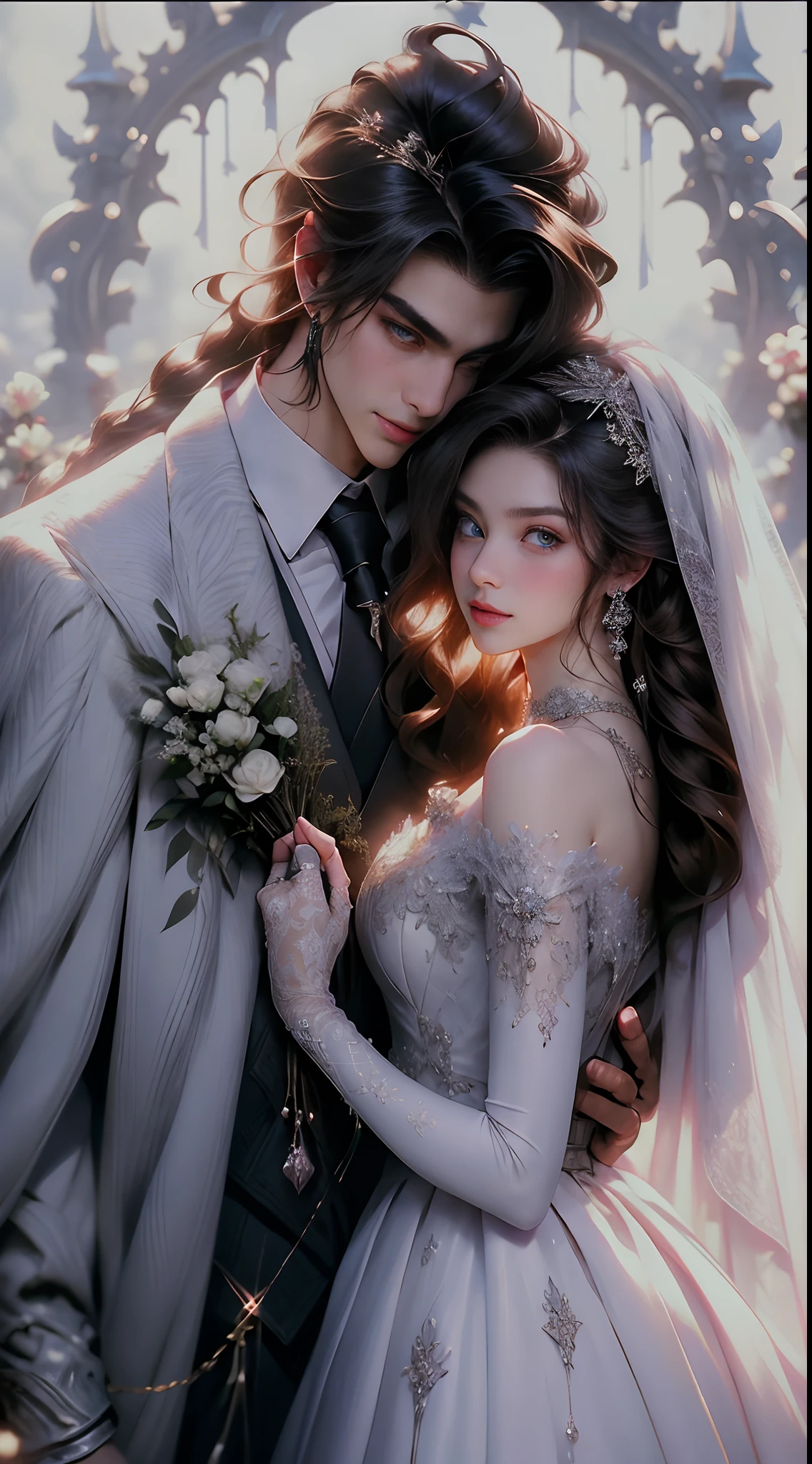 1girl, 1boy, dress, brown hair, wedding dress, jacket, hetero, necktie, couple, smile, strapless dress, closed eyes, pants, strapless, veil, flower, long hair, holding, jewelry, gloves, shirt, necklace, bouquet, white pants, holding bouquet, white dress, blue eyes, white shirt, open jacket, holding hands, elbow gloves, white gloves, white jacket, pink necktie, bridal veil, white background, wedding, husband and wife, long sleeves, long dress, pink flower, floating hair, short hair, standing, open clothes, collarbone, sleeveless (( perfect eyes))(( detailed eyes))