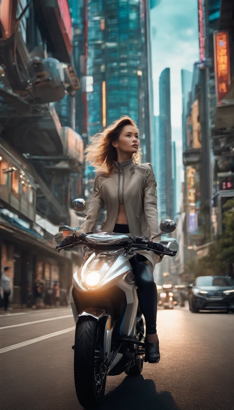 Futuristic buildings、TOKYOcty、flying car、futuristic design、Silver clothes、Woman on a motorcycle