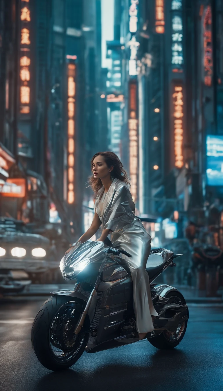 Futuristic buildings、TOKYOcty、flying car、futuristic design、Silver clothes、Woman on a motorcycle