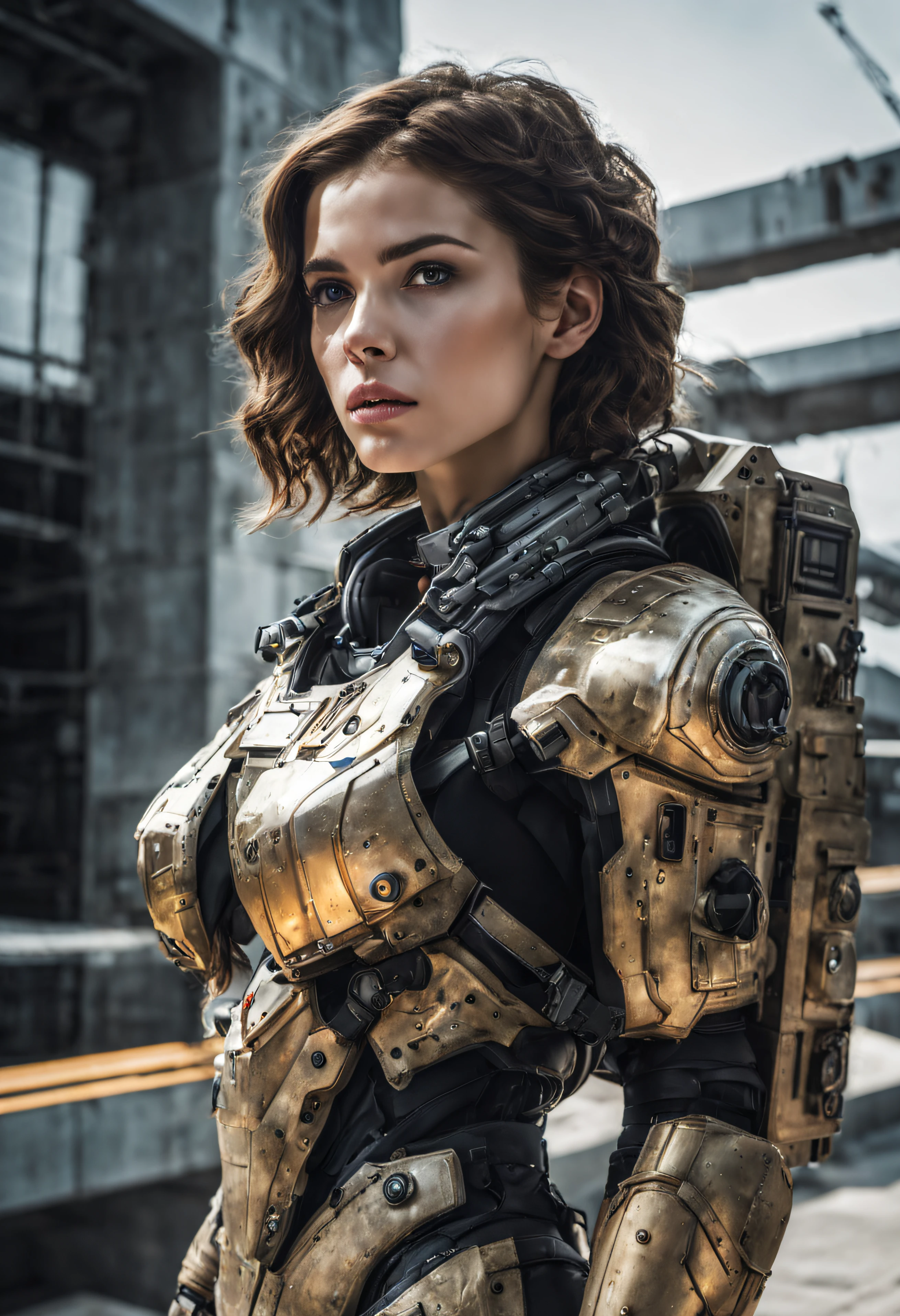 cuerpo completo, mujer alienigena extraterrestre, considerada como una de las razas mas bellas de la galaxia, parecida a cailee spaeny, con una cara, ojos y labios sensuales, vestida con uniforme sexy, mezca de gears of war y laminas de oro, se encuentra en centro de control de estacion espacial. hiperrealista, imagen nitida, 8k.