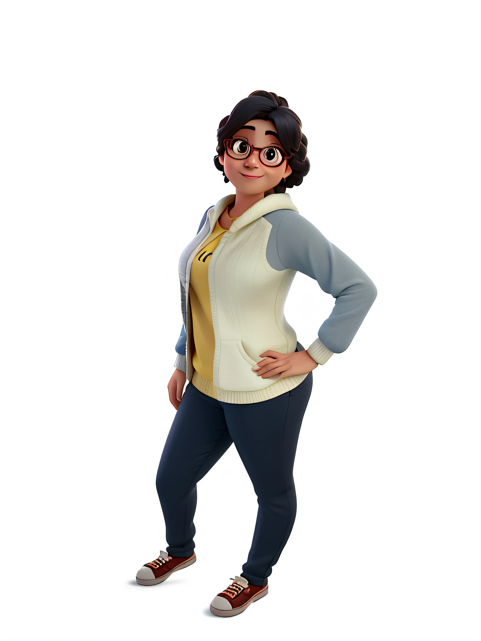 Create a Disney Pixar-style image of this lady in glasses, com a melhor qualidade