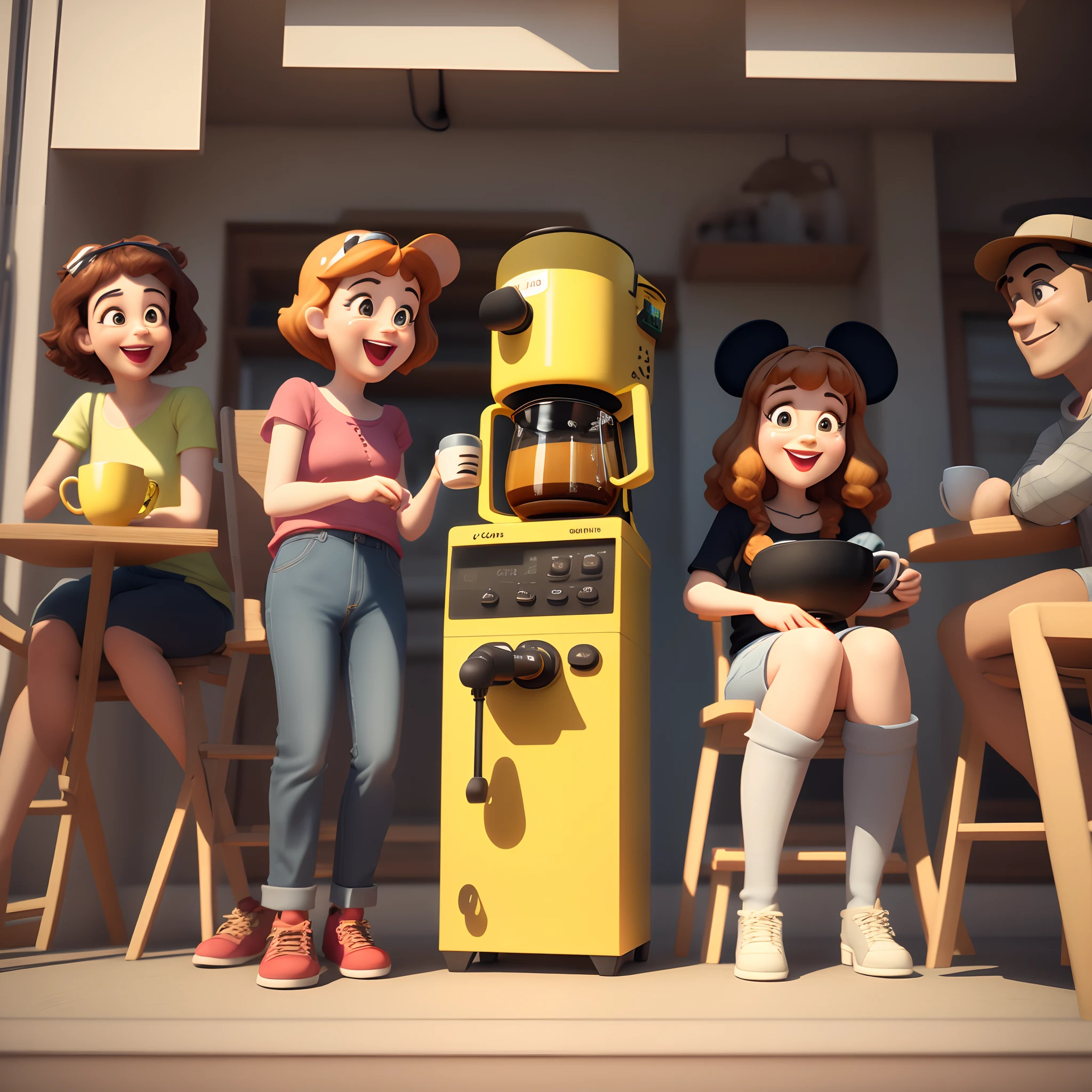 Make a Disney Pixar-style picture, in 3D of a yellow coffee maker with the name 1 more Coffee. portas abertas e algumas folhagens na frente. Happy chairs and people drinking coffee