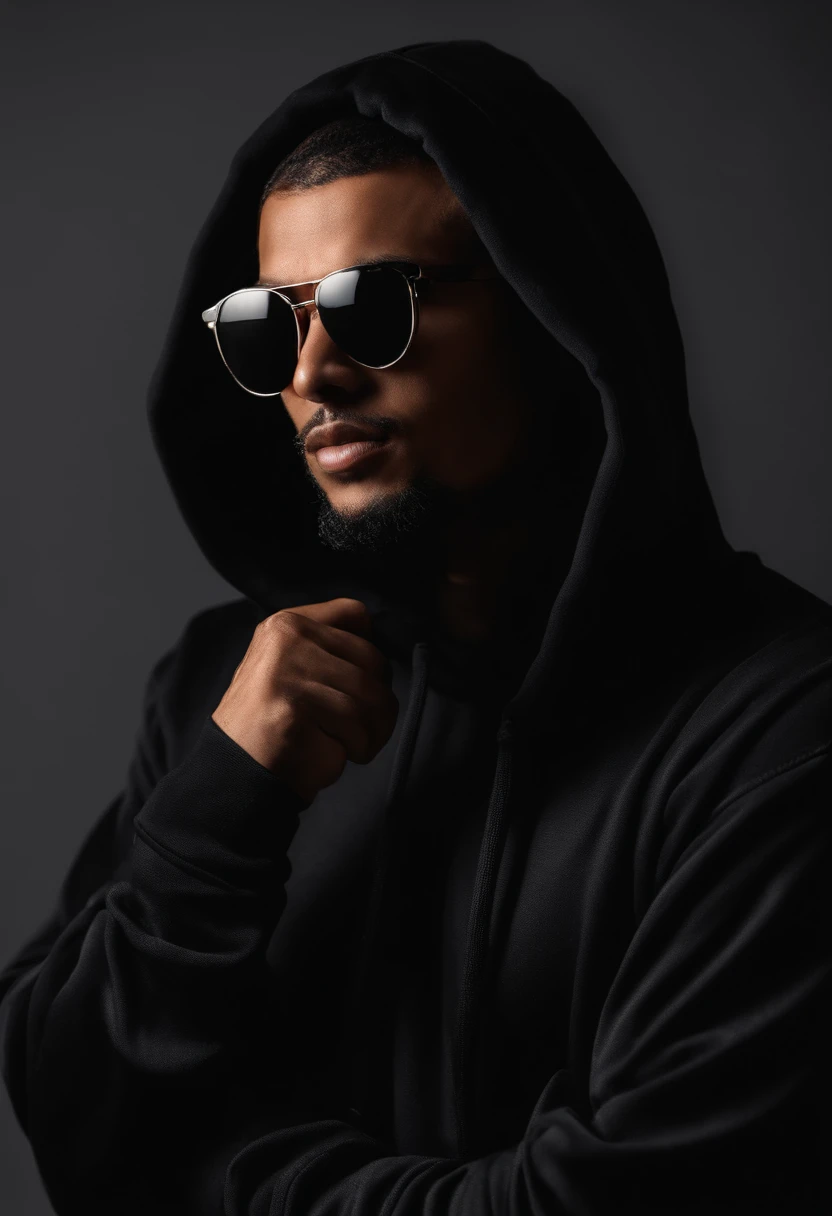 A man wearing a black hoodie and sunglasses poses for the photo, with index finger, with sunglass, with a cool pose, wearing hoodies, in a black hoodie, Wearing a black hoodie, distorted pose, Cool pose, Wearing a hoodie, profile picture 1024px, Hoodie, Wearing a hoodie