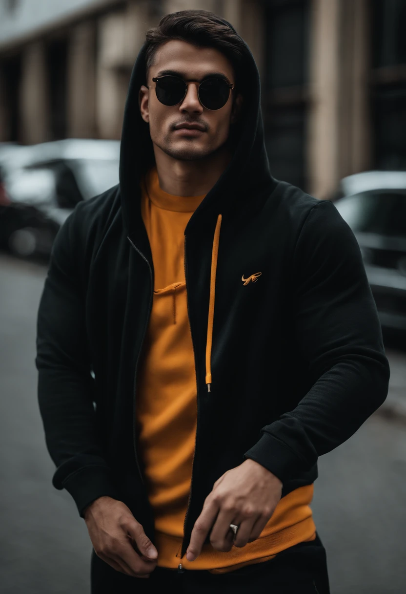 A man wearing a black hoodie and sunglasses poses for the photo, with index finger, with sunglass, with a cool pose, wearing hoodies, in a black hoodie, Wearing a black hoodie, distorted pose, Cool pose, Wearing a hoodie, profile picture 1024px, Hoodie, Wearing a hoodie