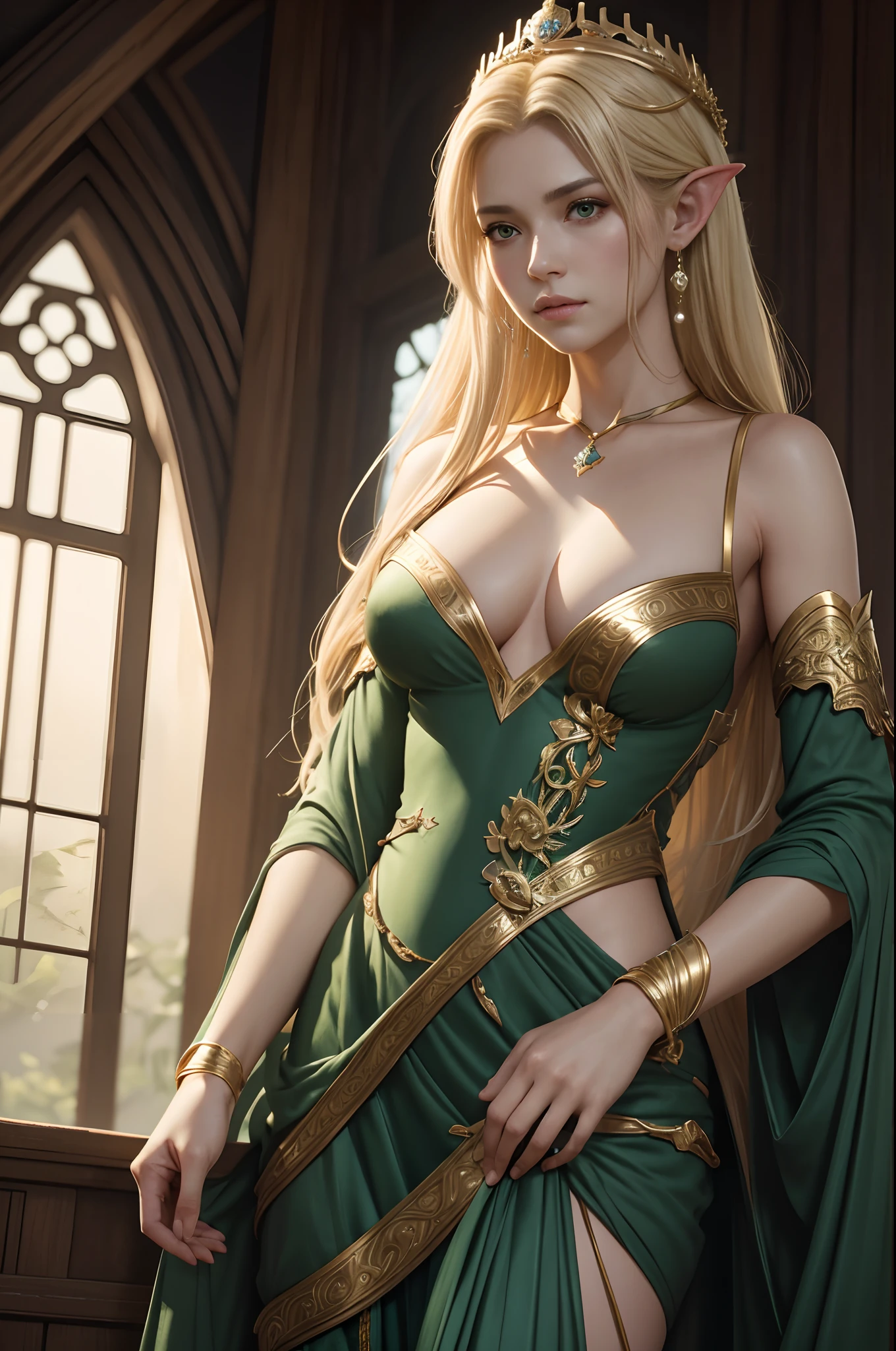 8K,Model Chute Style、(the Extremely Detailed CG Unity 8K Wallpapers)、full-shot body photo of the most beautiful artwork in the world、elvish、a blond,Green Valley、Sexy outfit in white and gold,Pearl skin、Golden crown、Diamonds、Medieval architecture、Edbrink、Ateigairan、Studio Ghibli、Jeremy Mann、Greg Munchez、Antonio Moro、Trending on ArtStation、Trending in CGSighbour、 Dense and、Up to detail、Sharp focus、Dramatic and photorealistic painting art by Midjourney and Greg Rutkowski,Sexy costume,large full breasts,Green eyes,