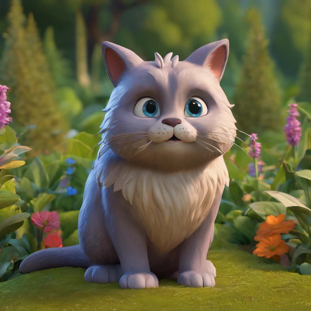 Eine graue Norwegische Waldkatze, Minuschka, mit einer Krone auf dem Kopf, liegt im Garten und sonnt sich, Disney-Pixar-Stil