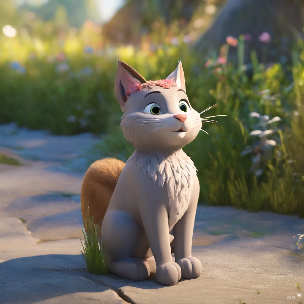 Eine graue Norwegische Waldkatze, Minuschka, mit einer Krone auf dem Kopf, liegt im Garten und sonnt sich, Disney-Pixar-Stil
