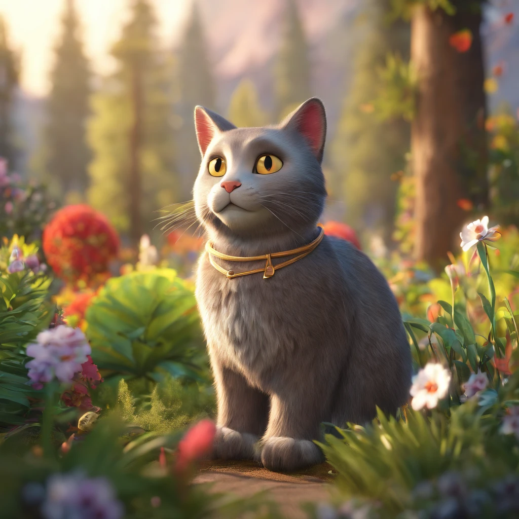 Eine graue Norwegische Waldkatze, Minuschka, mit einer Krone auf dem Kopf, liegt im Garten und sonnt sich, Disney-Pixar-Stil