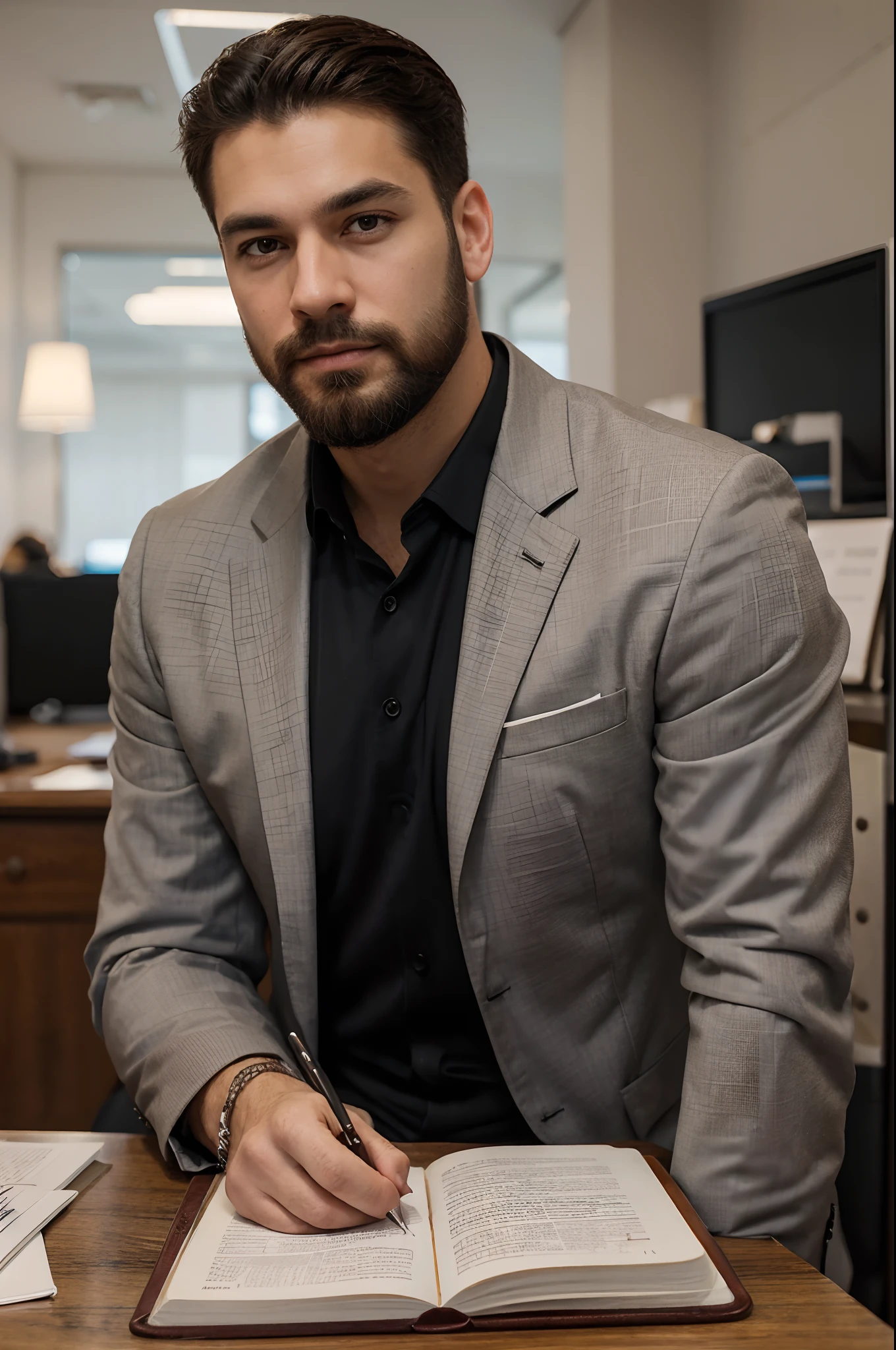 Portrait of New York businessman with neatly groomed beard sitting behind desk in suit with notebook This man should be handsome and elegant Images should be 8K、Behind him you need to see New York、de frente、looking at the camera