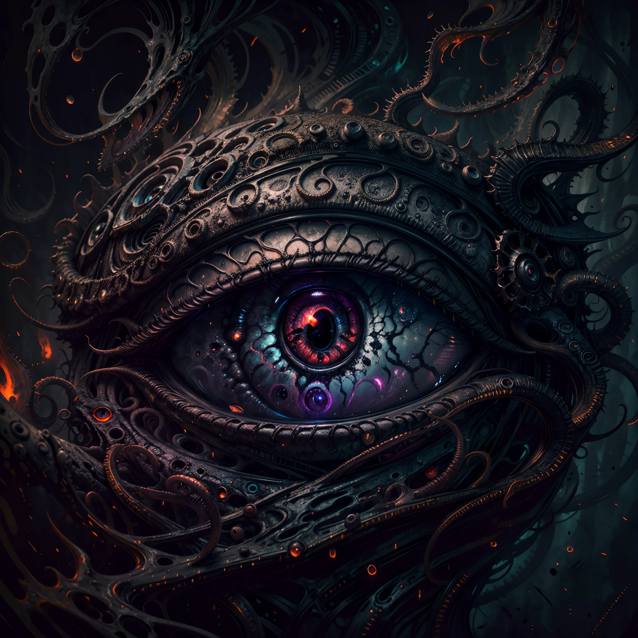 (highres,ultra-detailed,realistic:1.2),(horror:1.1),(close shot:1.1)devil's eye in the style of HP.lovecraft, (vibrant colors),(sinister atmosphere),(glowing),(sharp focus),(detailed texture:1.1),(macabre),(dark magic),(ominous),eldritch feel,(mysterious:1.1),(intricate:1.1)details,(gothic),(otherworldly texture),(spooky:1.1)lighting,(foreboding),(supernatural),(intriguing),(tentacle-like),(intense gaze),(luminous),(eerie:1.1)aura,(twisted),(unsettling),(sinuous),obsidian black,depths of the abyss