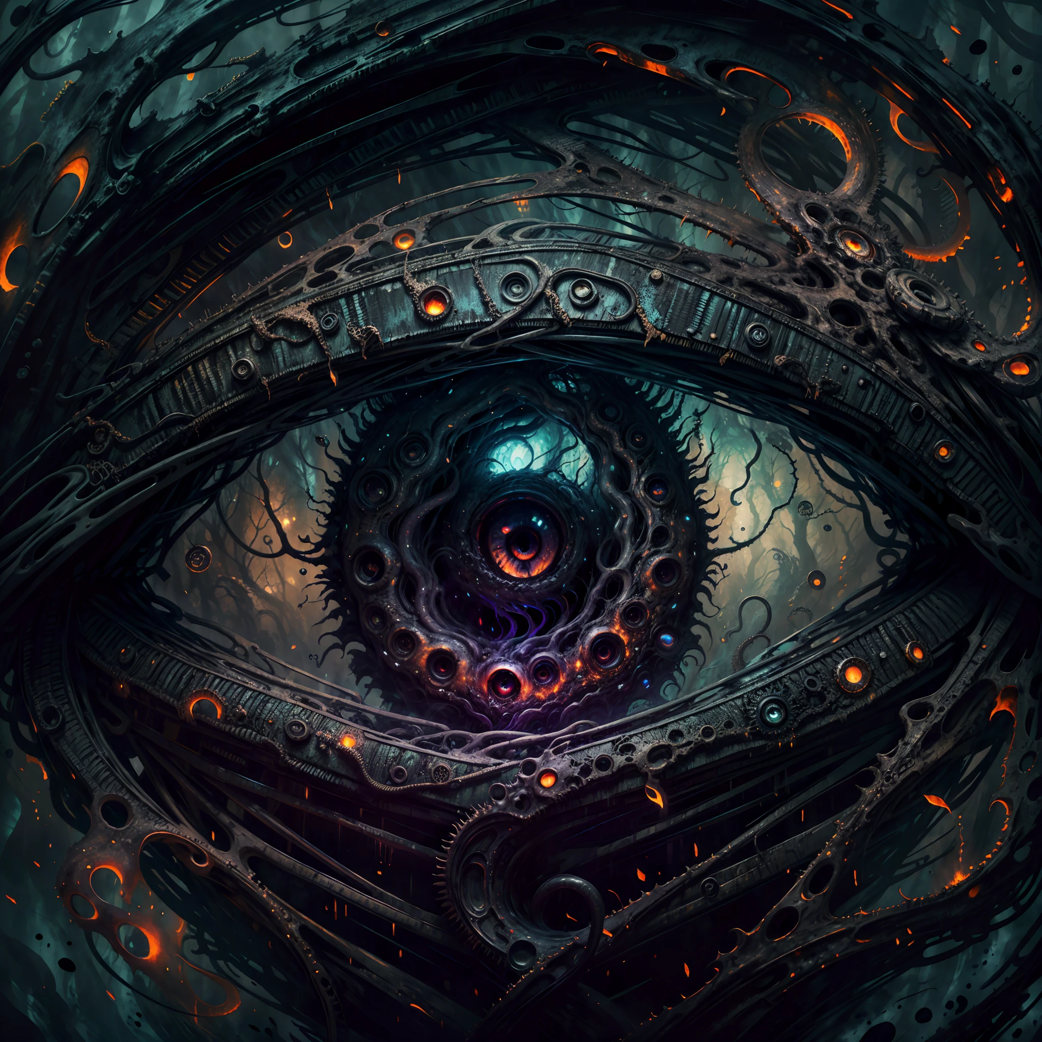 (highres,ultra-detailed,realistic:1.2),(horror:1.1),(close shot:1.1)devil's eye in the style of HP.lovecraft, (vibrant colors),(sinister atmosphere),(glowing),(sharp focus),(detailed texture:1.1),(macabre),(dark magic),(ominous),eldritch feel,(mysterious:1.1),(intricate:1.1)details,(gothic),(otherworldly texture),(spooky:1.1)lighting,(foreboding),(supernatural),(intriguing),(tentacle-like),(intense gaze),(luminous),(eerie:1.1)aura,(twisted),(unsettling),(sinuous),obsidian black,depths of the abyss