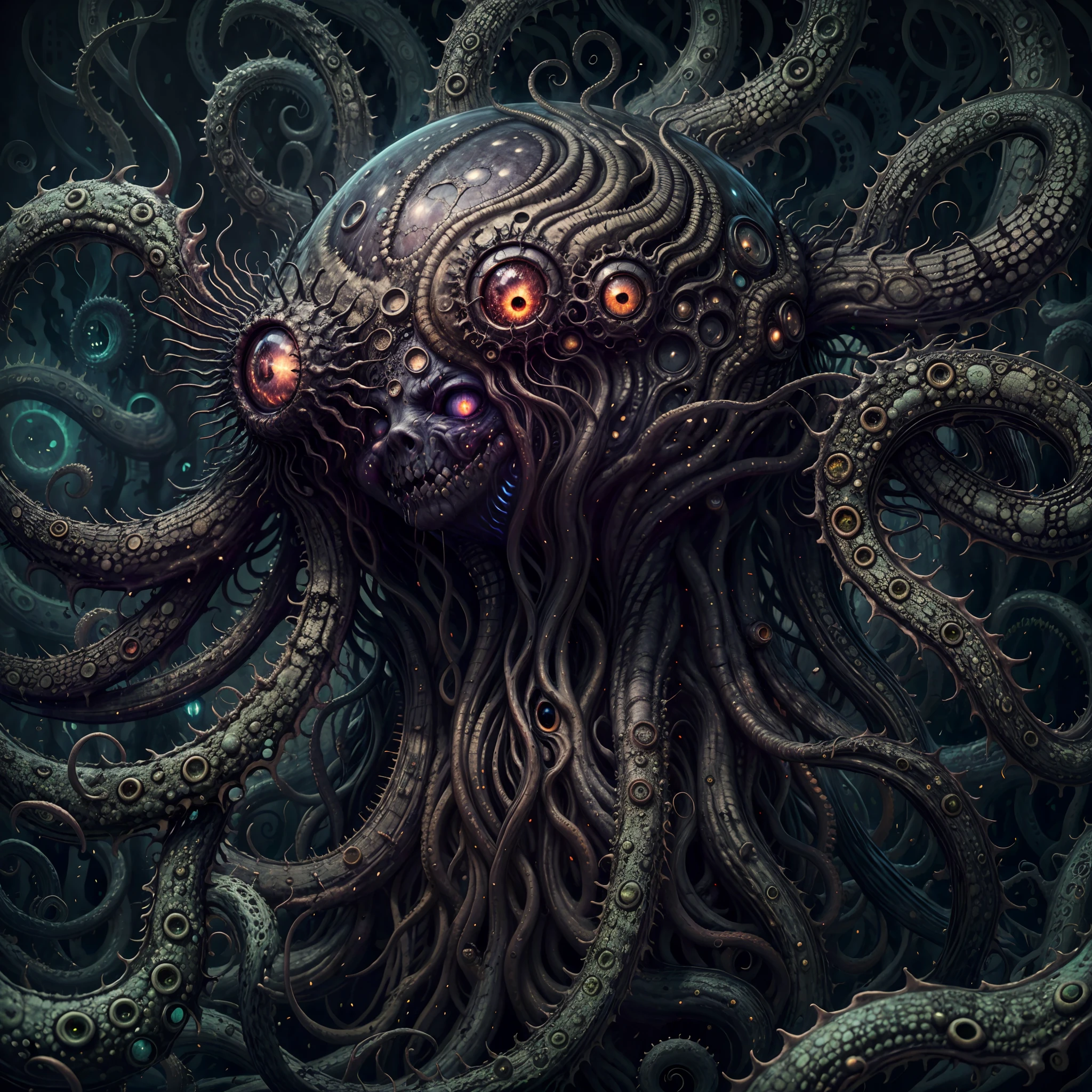 (best quality,4k,8k,highres,masterpiece:1.2),ultra-detailed,(realistic,photorealistic,photo-realistic:1.37),eldritch eye monster, floating, lots of tentacles, HP.lovecraft style, eerie atmosphere, ancient horror, dark, mysterious, twisted beings, ominous, cosmic horror, otherworldly, surreal, eldritch entities, grotesque, disturbing, inscrutable, tentacle-covered, abyssal depth, macabre, unearthly presence, supernatural, spectral, indescribable horror, haunting, nightmare-inducing, ethereal light, arcane symbols, eldritch essence, eerie glow, monstrous proportions, shifting shadows, eldritch abomination, tentacle tendrils, unknowable secrets, madness-inducing gaze