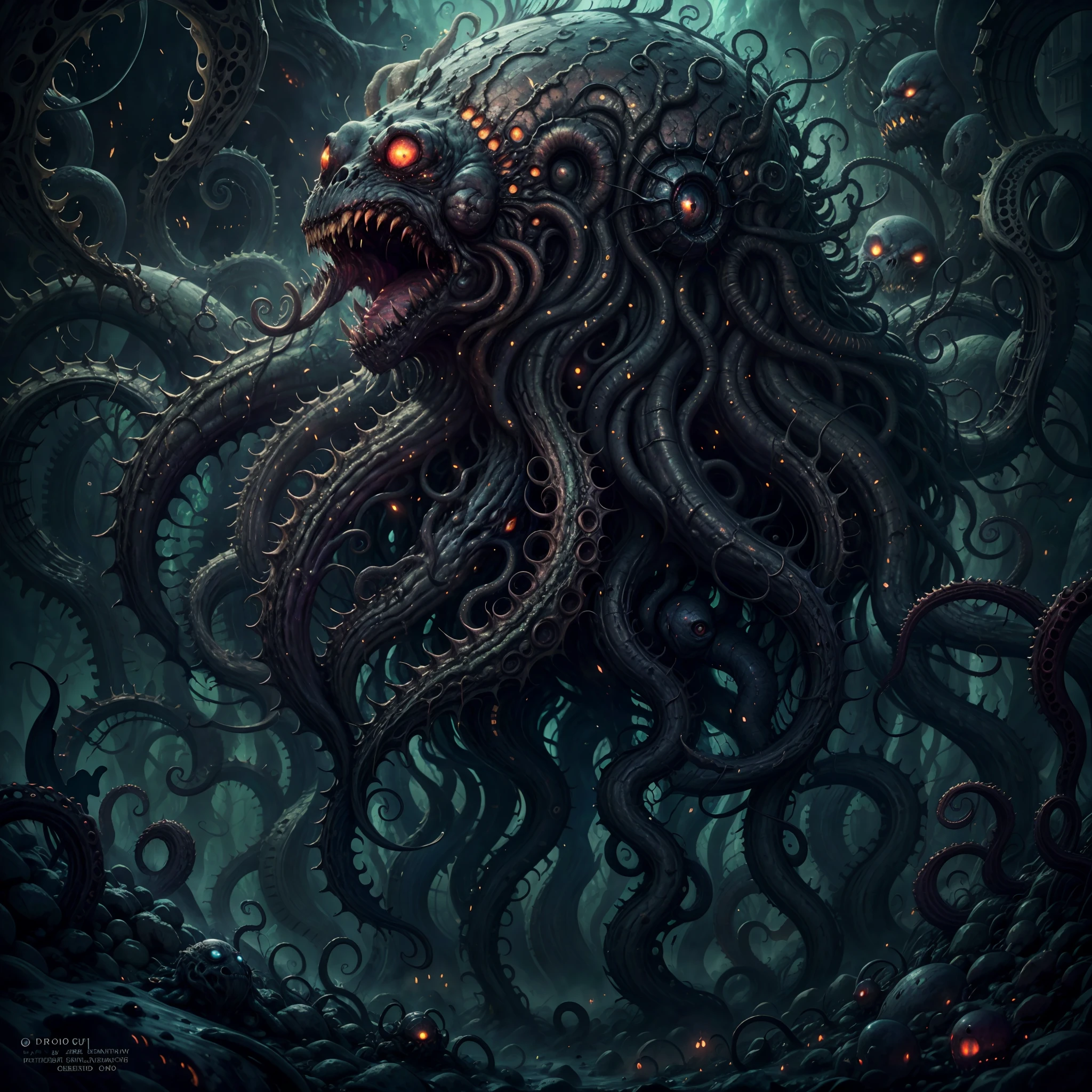 (best quality,4k,8k,highres,masterpiece:1.2),ultra-detailed,(realistic,photorealistic,photo-realistic:1.37),eldritch eye monster, floating, lots of tentacles, HP.lovecraft style, eerie atmosphere, ancient horror, dark, mysterious, twisted beings, ominous, cosmic horror, otherworldly, surreal, eldritch entities, grotesque, disturbing, inscrutable, tentacle-covered, abyssal depth, macabre, unearthly presence, supernatural, spectral, indescribable horror, haunting, nightmare-inducing, ethereal light, arcane symbols, eldritch essence, eerie glow, monstrous proportions, shifting shadows, eldritch abomination, tentacle tendrils, unknowable secrets, madness-inducing gaze