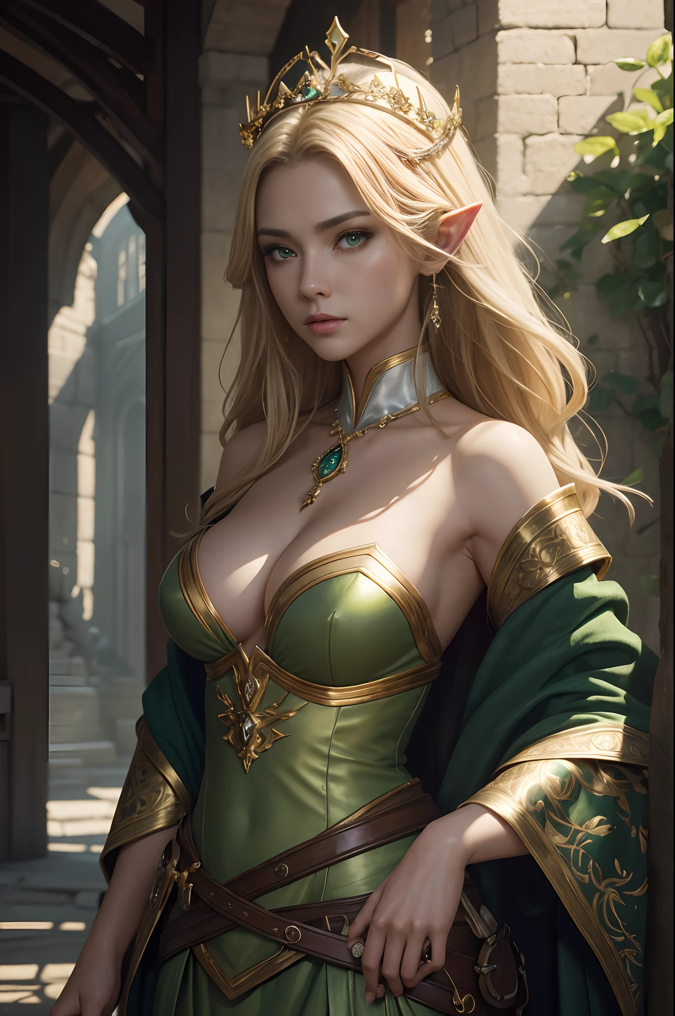 8K,Model Chute Style、(the Extremely Detailed CG Unity 8K Wallpapers)、full-shot body photo of the most beautiful artwork in the world、elvish、a blond,Green Valley、Sexy outfit in white and gold,Pearl skin、Golden crown、Diamonds、Medieval architecture、Edbrink、Ateigairan、Studio Ghibli、Jeremy Mann、Greg Munchez、Antonio Moro、Trending on ArtStation、Trending in CGSighbour、 Dense and、Up to detail、Sharp focus、Dramatic and photorealistic painting art by Midjourney and Greg Rutkowski,Sexy costume,large full breasts,Green eyes,