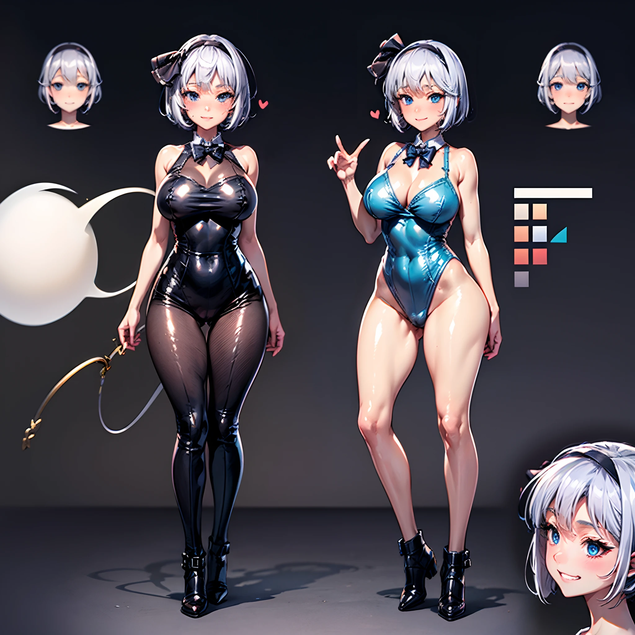 ((Konpaku Youmu)), short hair, white hair, bangs, (multiple expressions: smile, smirk, grin), blush, awe), thick thighs, leotard, masterpiece, best quality, absurd res, character sheet, ((multiple views of the same character)), full body, large breasts, blue eyes, black bowtie, Black hairband, sexy, perfect face, ((simple background)), half-ghost, leg-up,