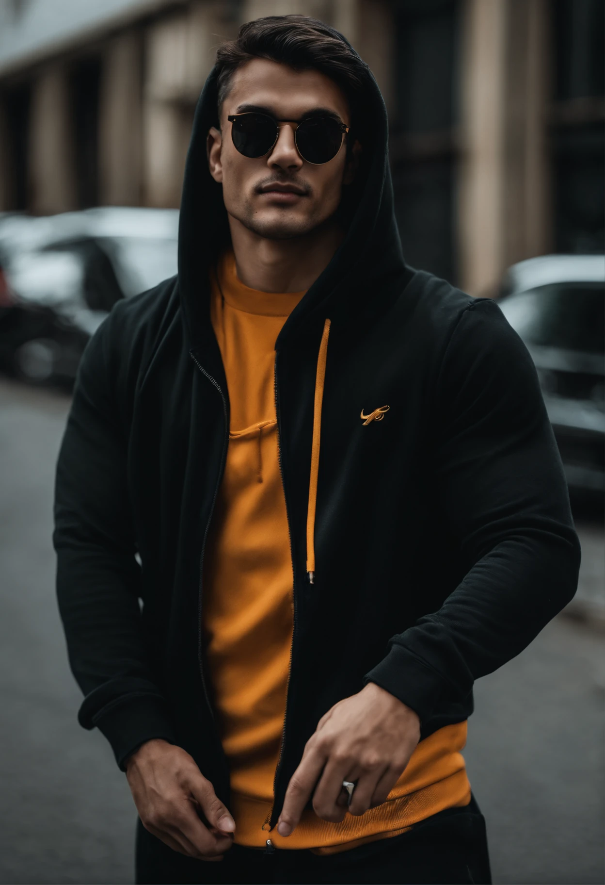 A man wearing a black hoodie and sunglasses poses for the photo, with index finger, with sunglass, with a cool pose, wearing hoodies, in a black hoodie, Wearing a black hoodie, distorted pose, Cool pose, Wearing a hoodie, profile picture 1024px, Hoodie, Wearing a hoodie