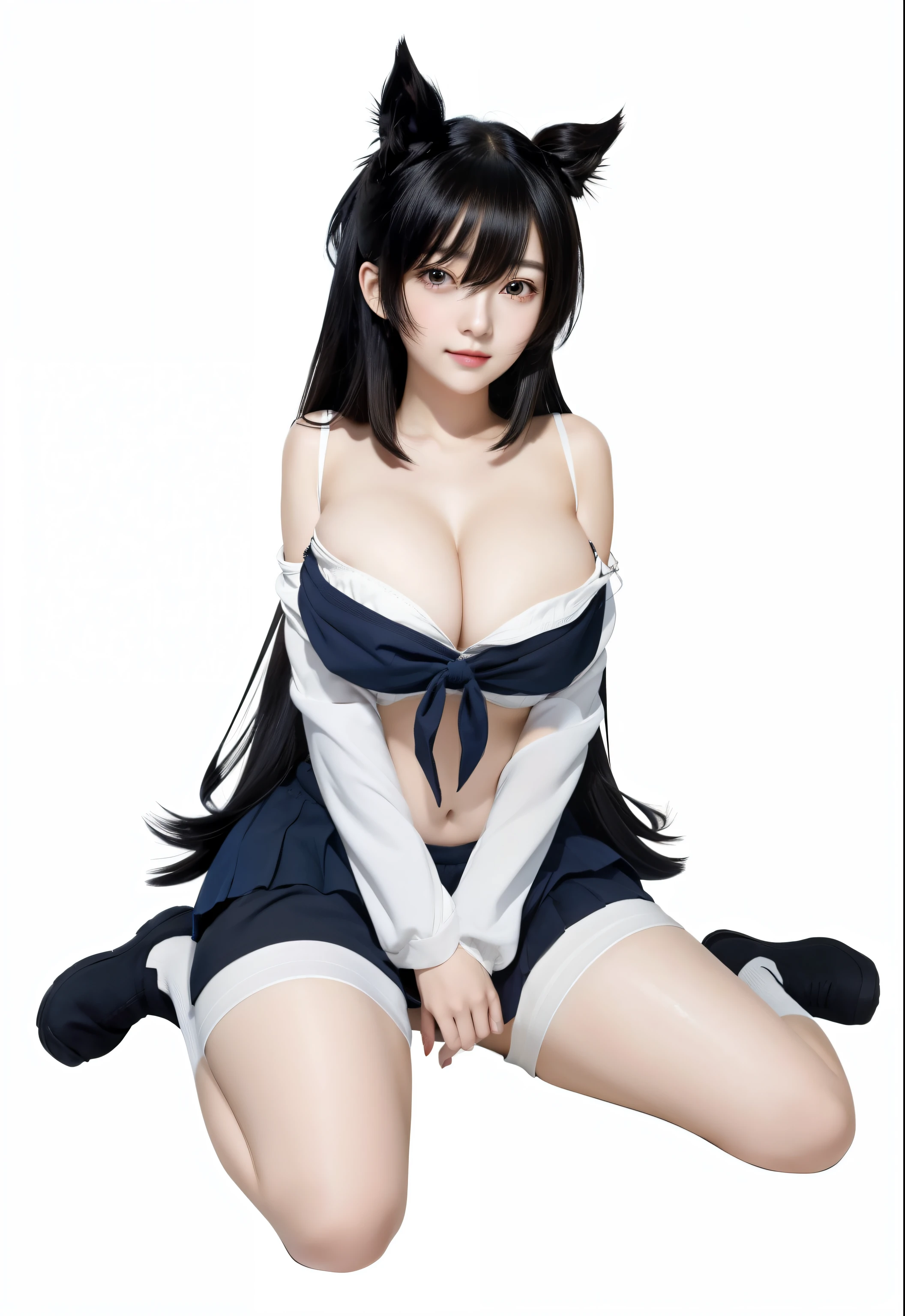 Anime girl sitting on the ground,Black hair and white shirt, seductive anime girls, Anime moe art style, (Anime girl), anime best girl, attractive anime girls, An anime girl, Marin Kitagawa fanart, small curvaceous , beautiful anime girl crouching, Realistic schoolgirl, Anime girl, Smooth anime CG art, female anime character, hanayamata,cleavage,Bandeau