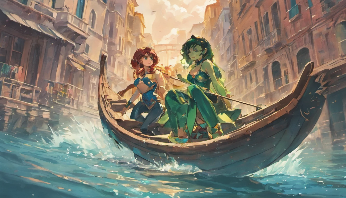 Realistic, Personalidade: [Illustrate a photo of the Hulk and Wonder Woman about to board a gondola in Venice. The peaceful and serene atmosphere is destroyed when the water beneath them churns and foams. A huge mechanical sea serpent emerges from the water, piloted by a villain from another dimension. The scene should convey a sense of surprise and imminent danger.] Motor irreal, hiperreal --q 2 --v 5.2 --AR 16:9