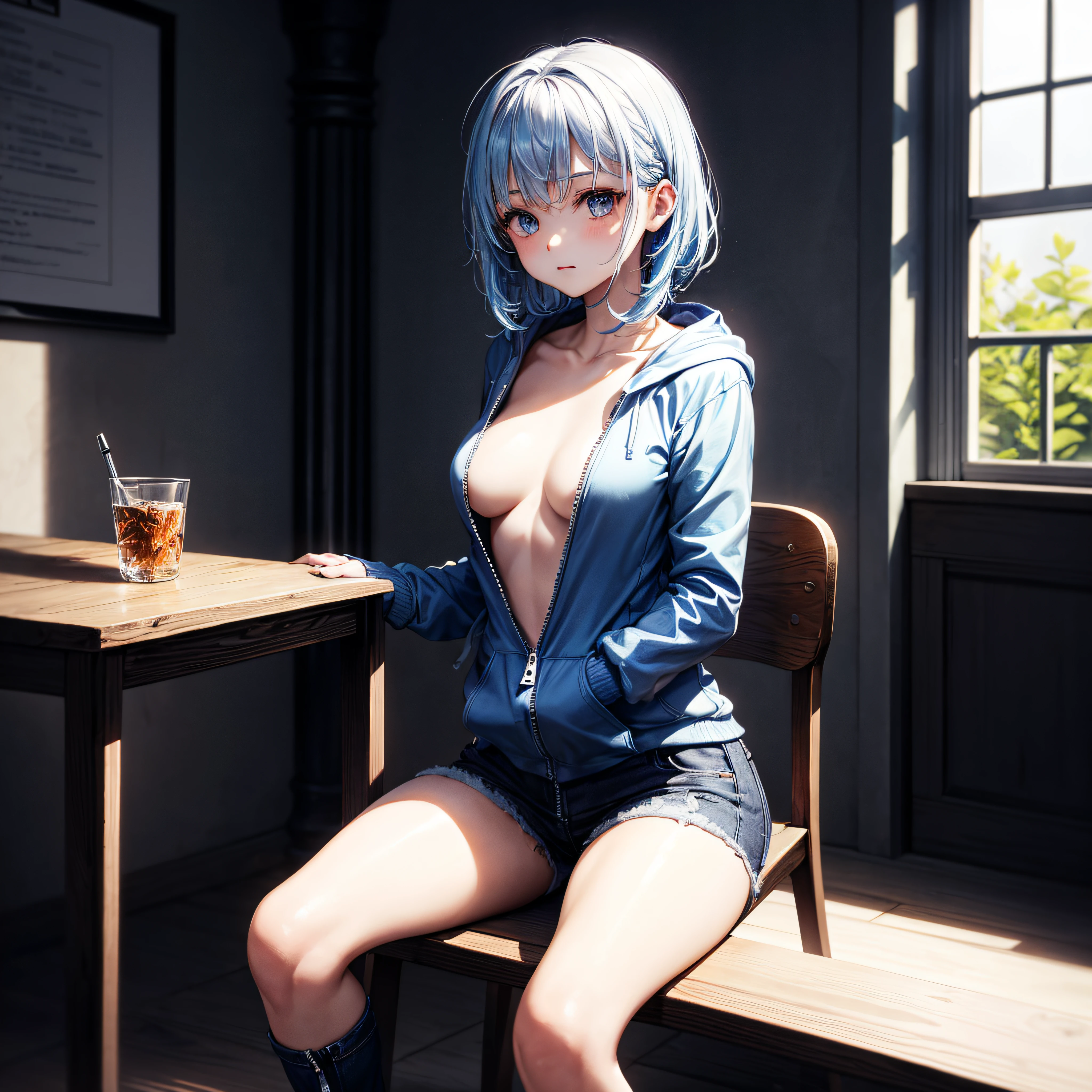 realisitic、top-quality、sit a chair、((One Woman:1.5))、Light blue hair、length hair、light bule eyes、inside in room、Medium chest、Blue Zip Up Hoodie、Black jeans、Zipper open、barechested