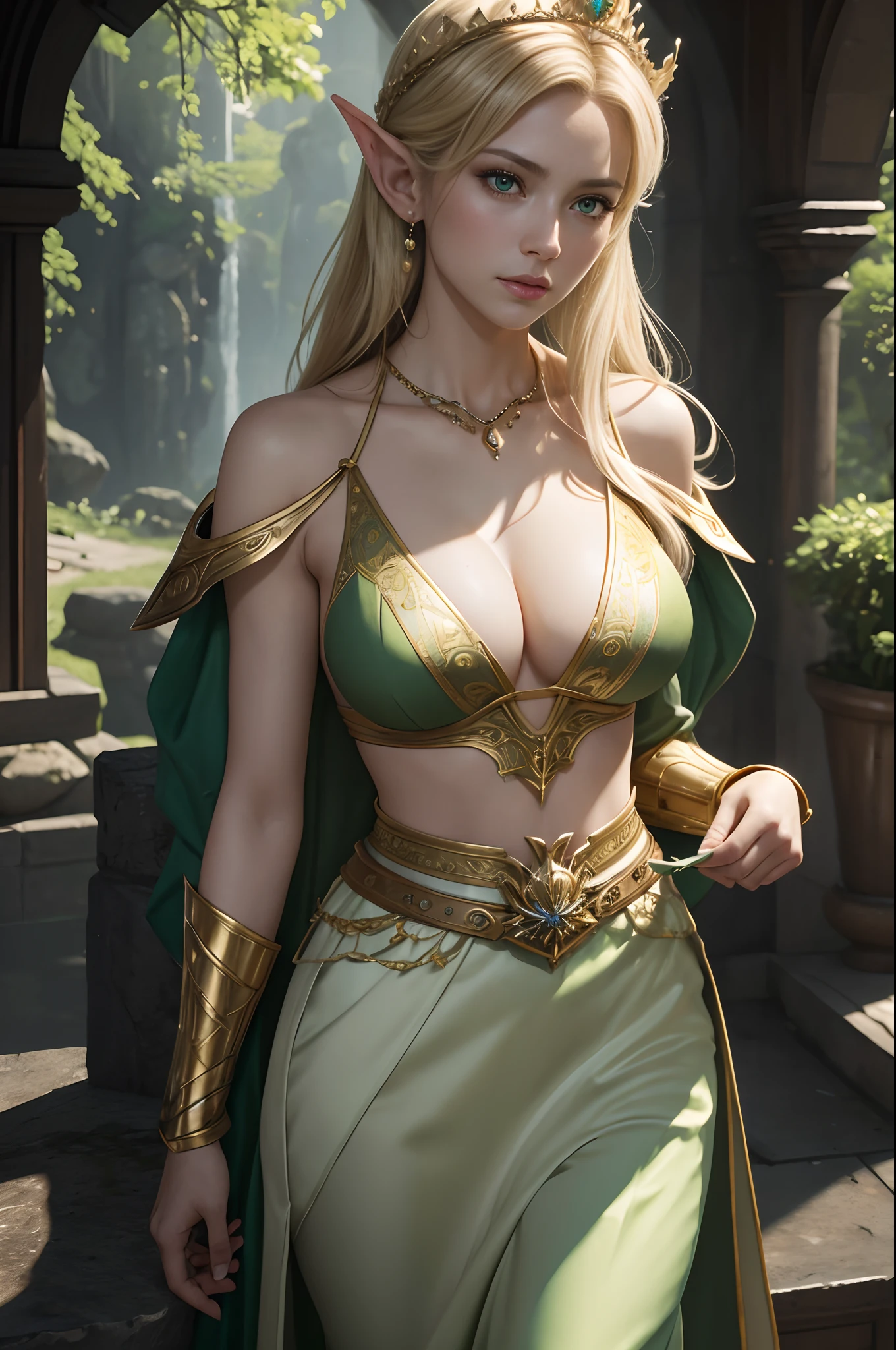 8K,Model Chute Style、(the Extremely Detailed CG Unity 8K Wallpapers)、full-shot body photo of the most beautiful artwork in the world、elvish、a blond,Green Valley、White and gold sexy chest armor.Green skirt,Pearl skin、Golden crown、Diamonds、Medieval architecture、Edbrink、Ateigairan、Studio Ghibli、Jeremy Mann、Greg Munchez、Antonio Moro、Trending on ArtStation、Trending in CGSighbour、 Dense and、Up to detail、Sharp focus、Dramatic and photorealistic painting art by Midjourney and Greg Rutkowski,Sexy costume,large full breasts,Green eyes,