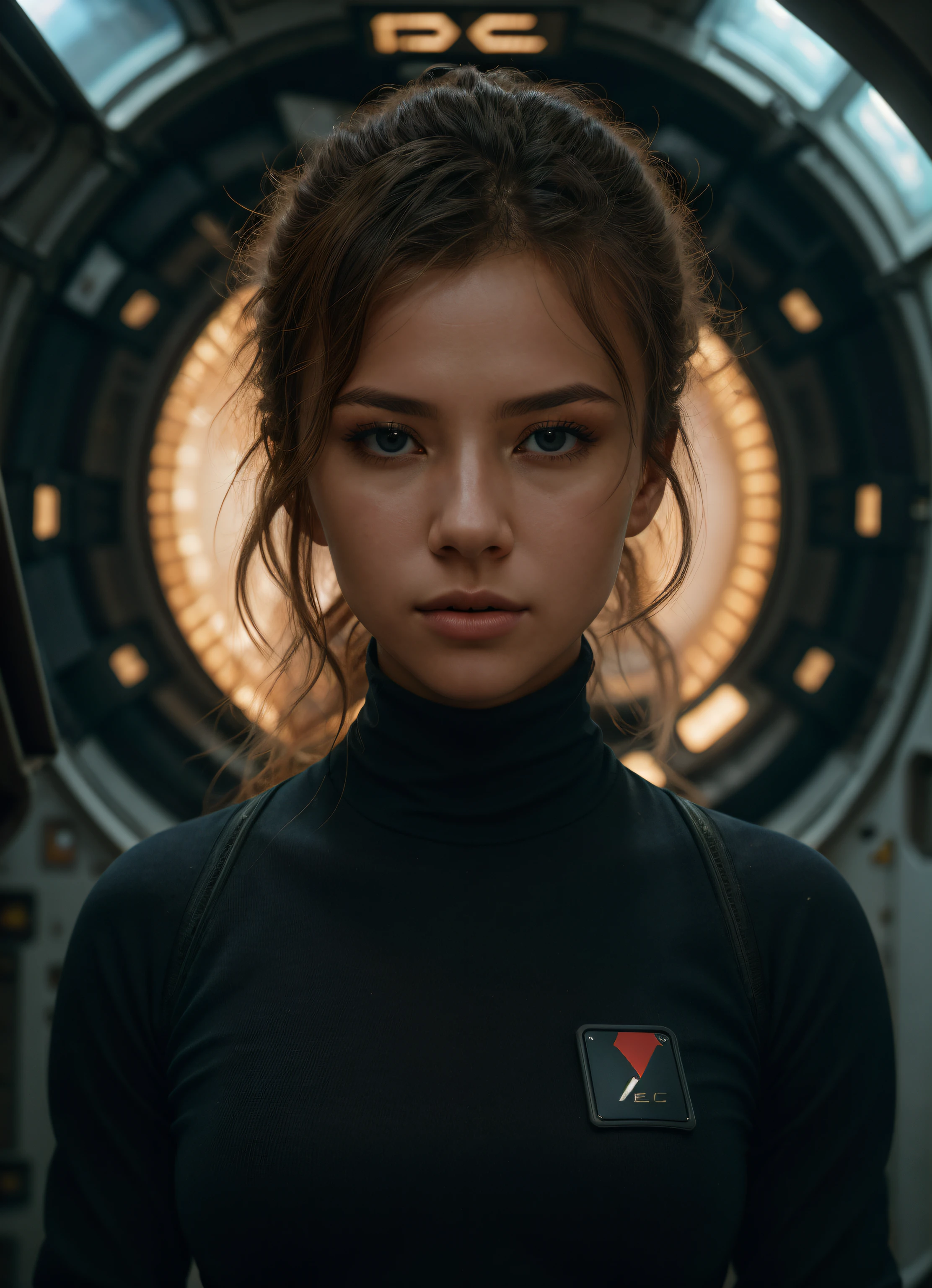A stunning intricate full color portrait of (sks woman:1), wearing a black turtleneck, inside a futuristic spacesuit, in a space station, epic character composition, by ilya kuvshinov, alessio albi, nina masic, sharp focus, natural lighting, subsurface scattering, f2, 35mm, film grain,