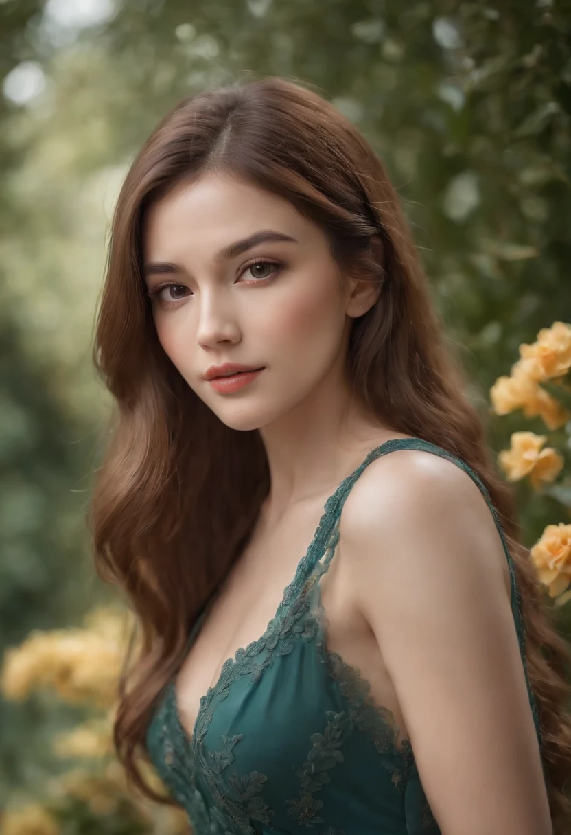 (best quality,4k,highres,ultra-detailed),(realistic:1.37),(portraits:1.2),vivid colors,studio lighting,sharp focus,A girl on all fours,close-up of her face and body,beautiful detailed eyes,beautiful detailed lips,longeyelashes,fair complexion,extremely detailed hair,expressive facial features,body in a graceful position,shapely figure,wearing a flowing dress,delicate fabric,subtle textures,soft lighting highlighting her features,background features lush garden scenery with vibrant flowers,artistically captured in oil painting style,rich color palette with warm hues,harmonious blending of tones,meticulous attention to detail,impressive depth and realism