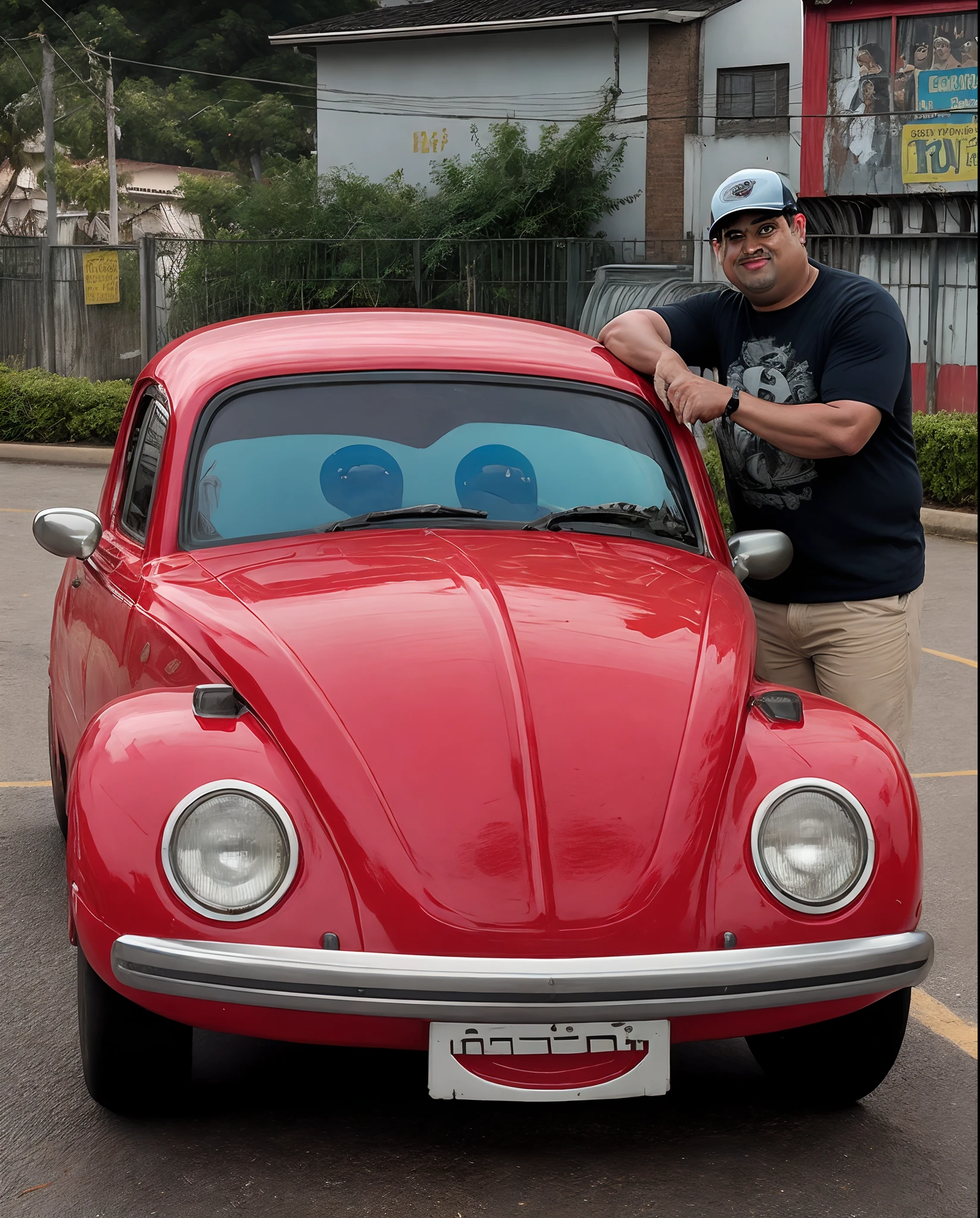 Homem de Arafed parado ao lado de um carro vermelho com os olhos nele, Como um personagem da Pixar, Representado como um personagem da Pixar, besouro, imagem do avatar, standing in front of lowrider, Anato Finnstark. Pixar, edu souza, personagem Pixar, the cars have faces, Personagem ideal da Pixar, cara nostalgia e pequena criatura, Eric Cartman na vida real