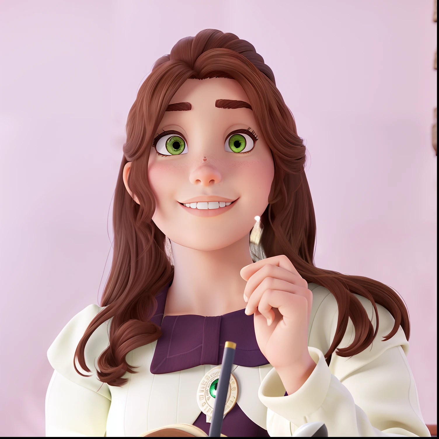 A woman with medium brown hair, Ojos verdes largos, piel clara, writing in the castle library of the brave Disney Pixer movie