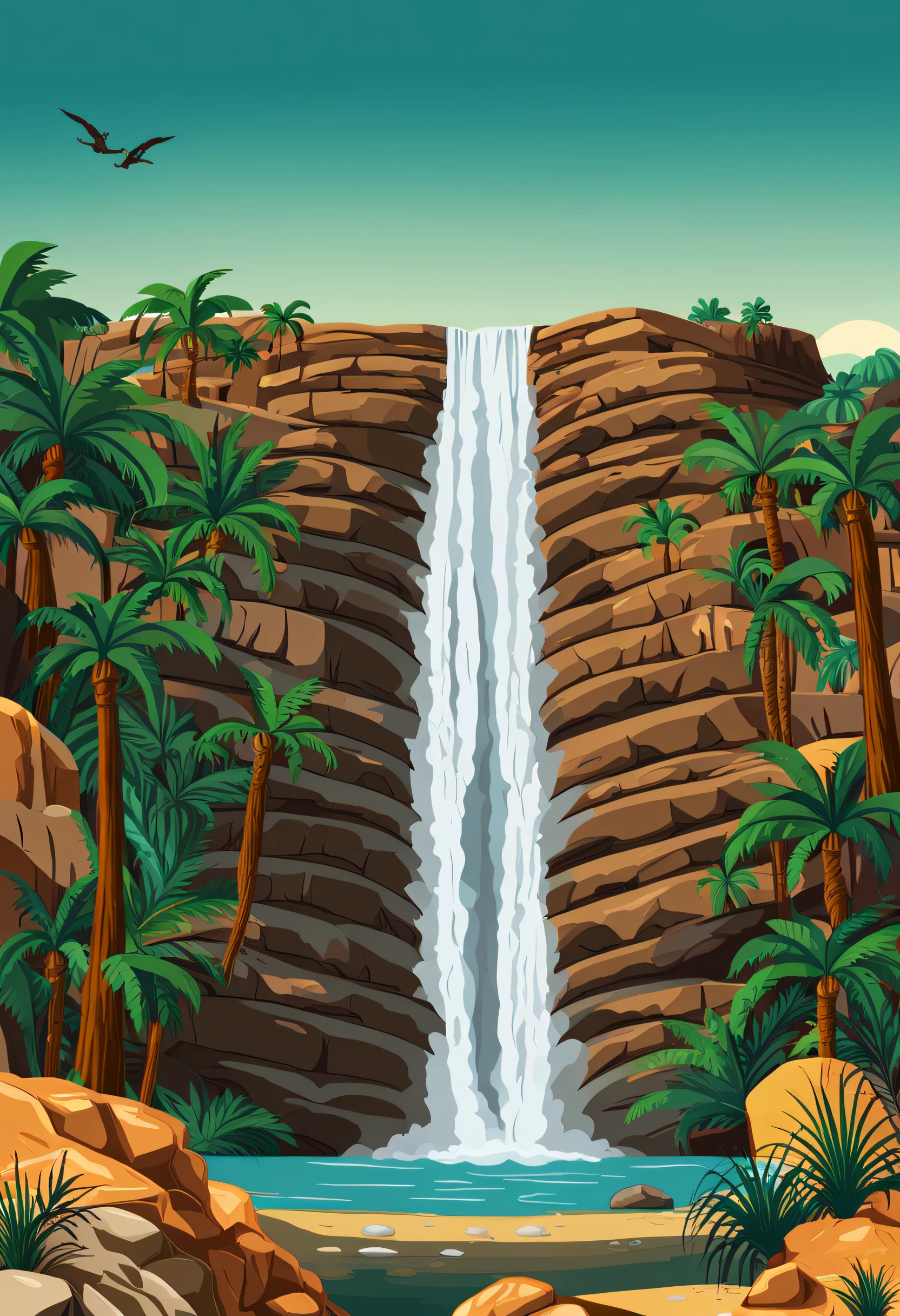 illustration of an imposing waterfall in the Sahara desert with colorful vegetation