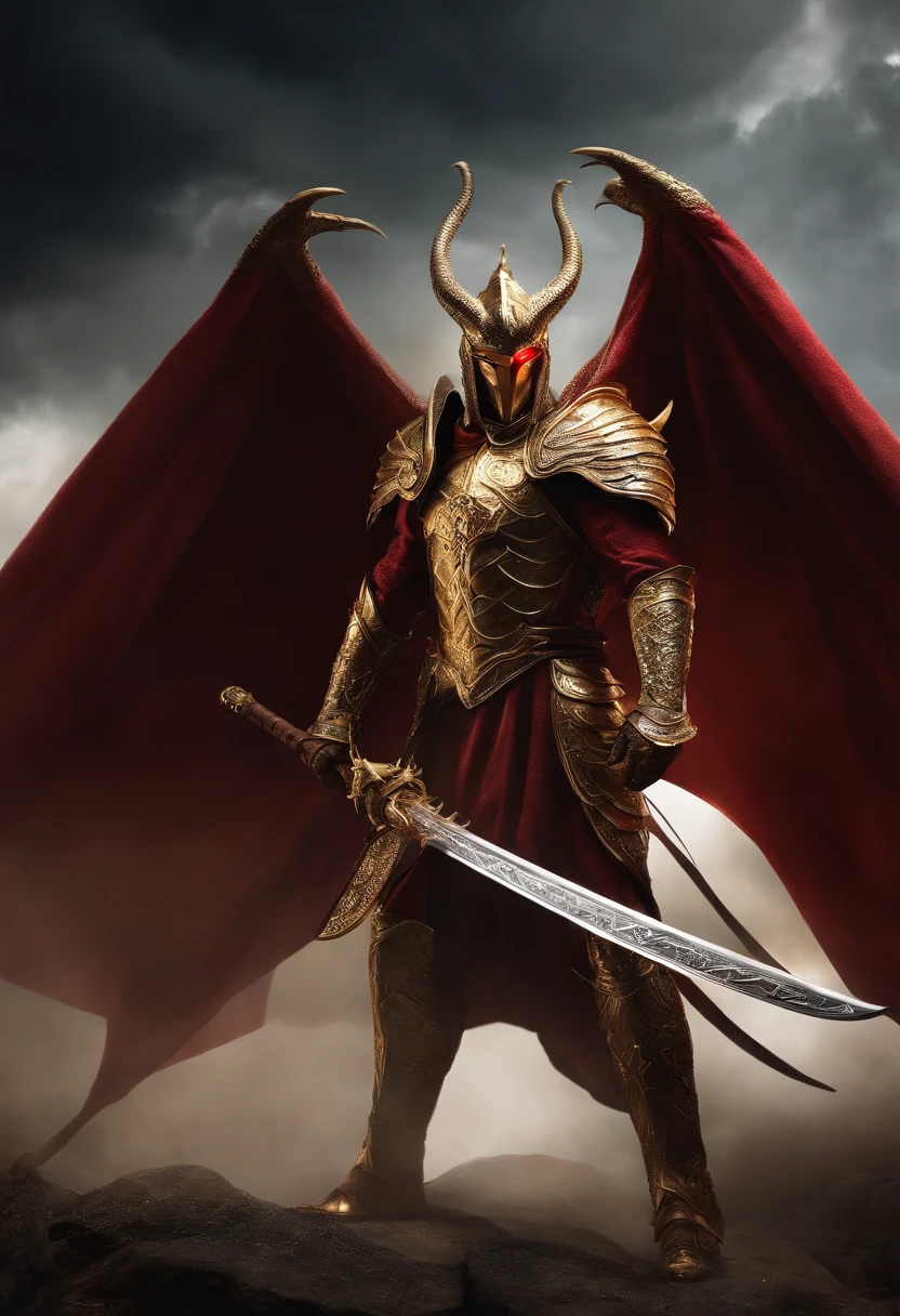 ((1 homem anjo)), Arcanjo Gabriel, ((1 homem)), grandes asas brancas, olhos claros brilhantes, Biomechanicals, Rosto da Beleza, o Deus dos anjos, with a sparkling sword in his hands, Angel of justice , O mais belo dos anjos, cores muito brilhantes, Fighting the Dark Dragon, Giant dragon with red eyes, light particles, com luz brilhante, Mshiff, Arte do papel de parede, papel de parede uhd, inspirado no Arcanjo Gabriel, Golden armor and red cape, wavy long hair