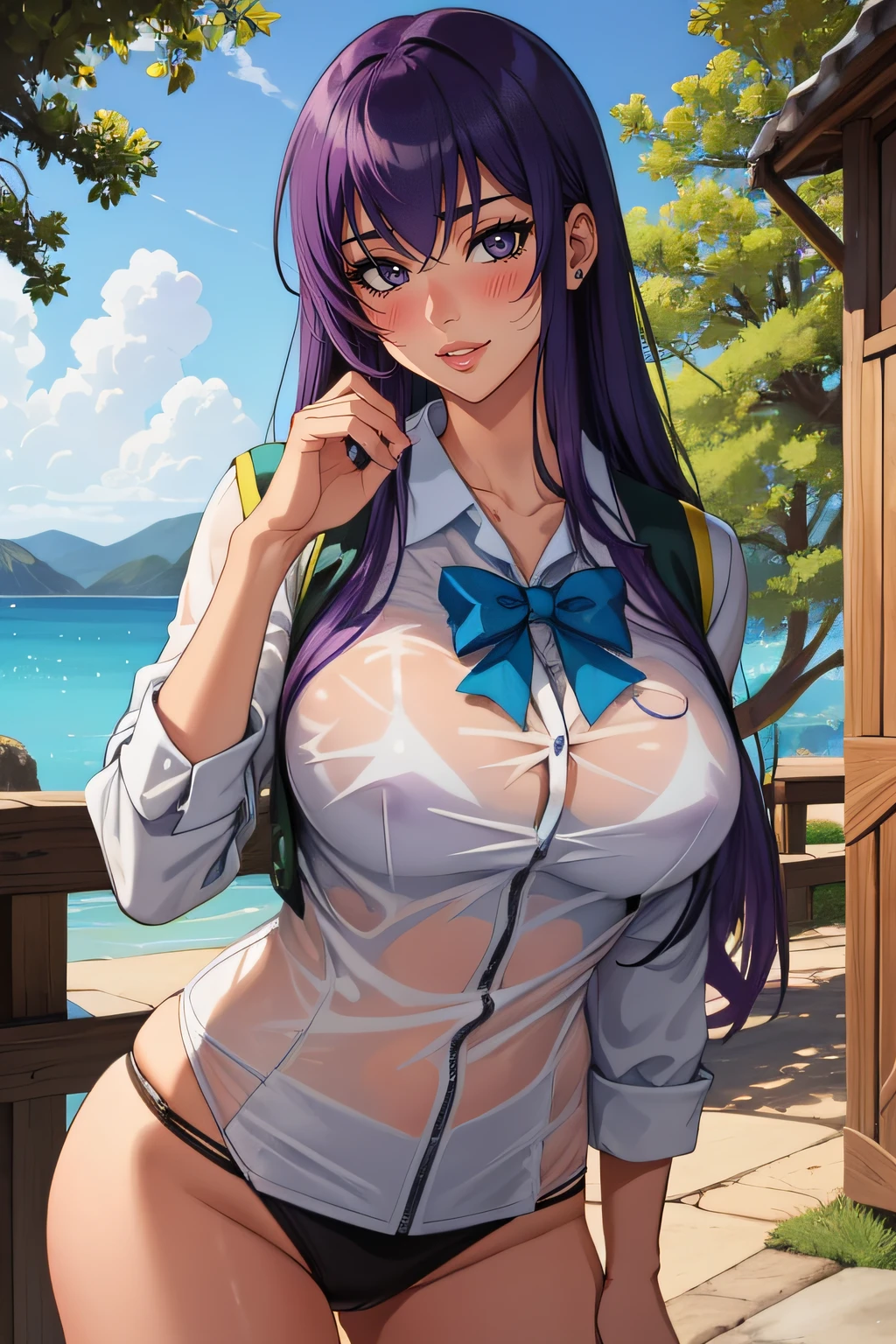 (obra maestra, La mejor calidad),  Detalles intrincados,
 1girl, busujima_SAEKO, purple hair, uniforme escolar, falda, Cola de caballo, Pelo muy largo,
  sonrisa seductora, Al aire libre, bosque,  sweating, sudor de tetas, escote, lips, blush, wet body