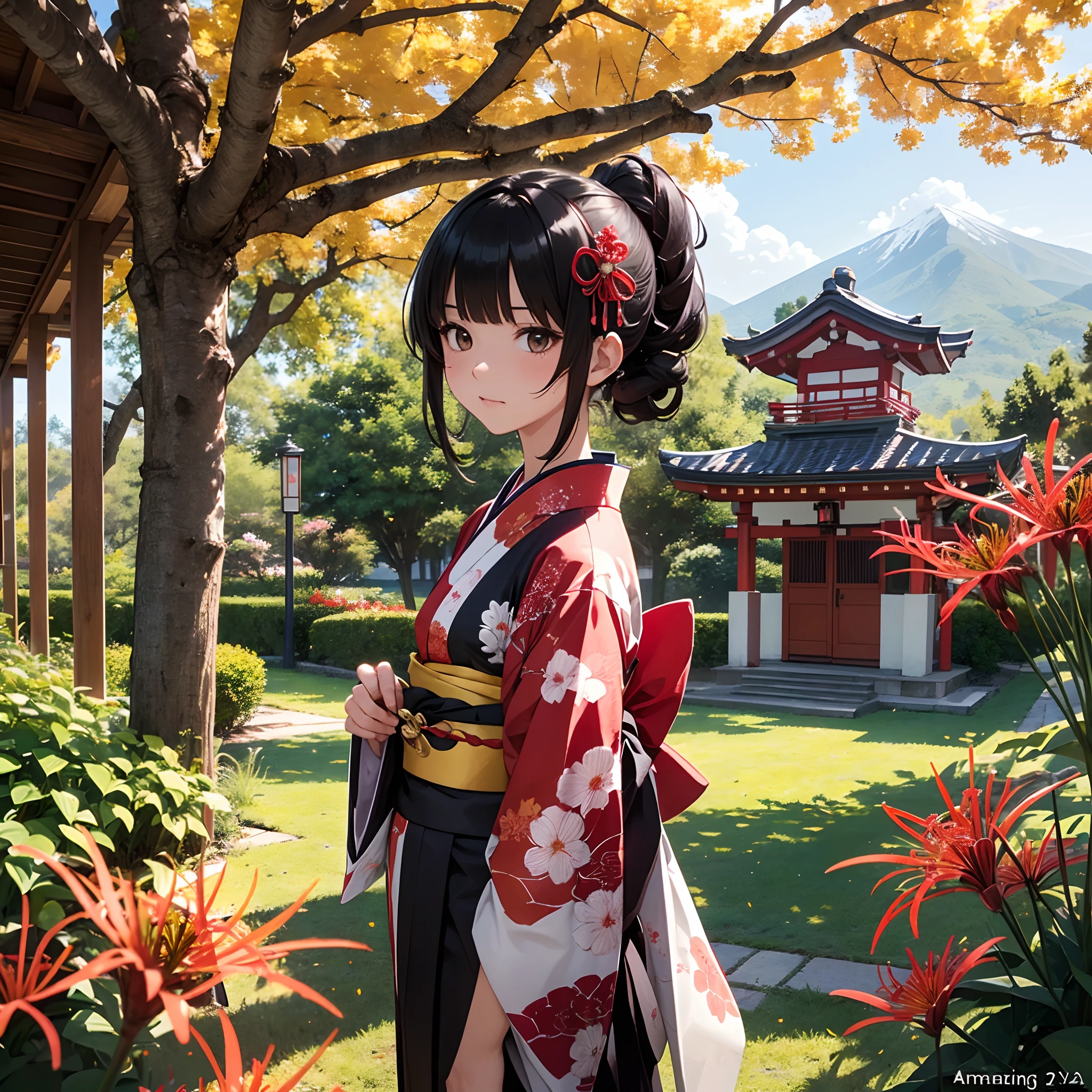 (Best Quality, masutepiece,8K),(1girl in, shrine maiden, Pitch black kimono,Brown-eyed,,Black hair, Walking, Upper body), Labyrinth of the Night, Giant tree in the background,Ginkgo tree, (Lots of small, Bright red spider lilies grow on the ground), Shrine behind, mountain background, Blowing wind, Meteor clouds,(amazing view:1.4)