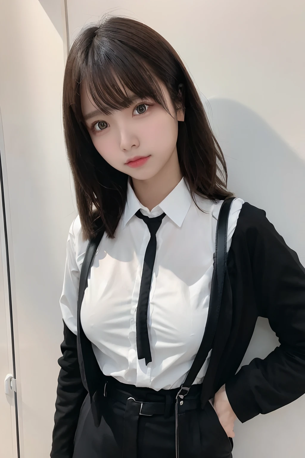 masterpiece、flat-colors、depth of fields、lens flare 1 girl、、Brown hair、watching at viewers a belt black suspenders Social OL huge tit Armpit sweat perspiring Side of both hands walls: Black Suit Black pants, Black Jacket Slim Pichi Pichi clothes