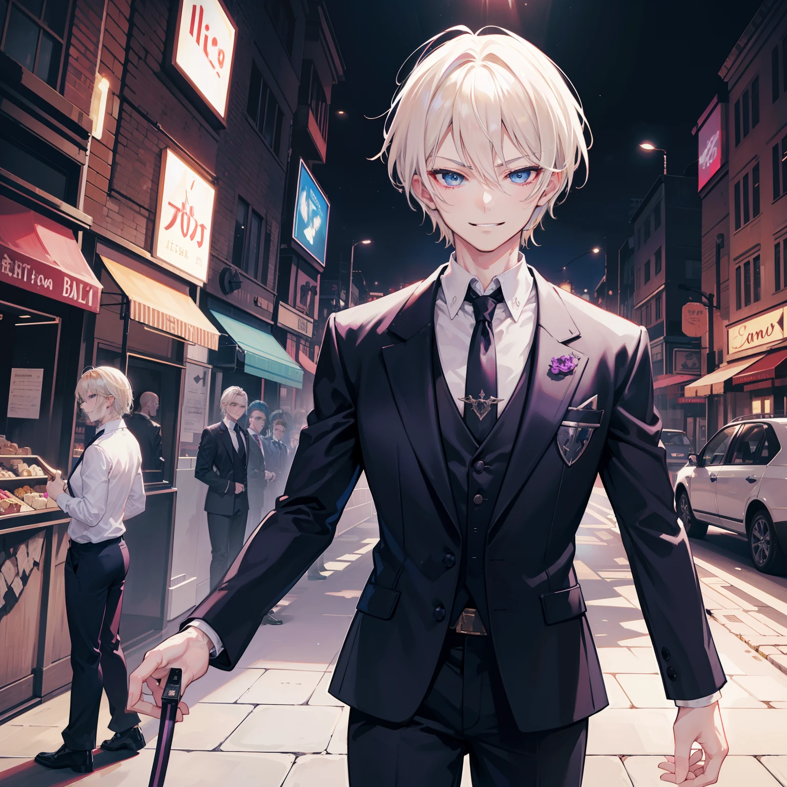 4K, A highly detailed, Man's,lotr,With almost white blonde hair,short-hair, Sparkling purple and light blue eyes,Mafioso, Mafia Suits,In a cosmopolitan city , rascal , sinister smile , Smirk , Return blood