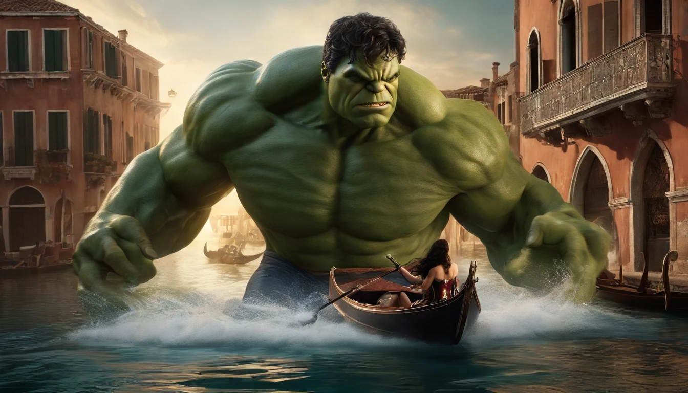 Realistic, Personalidade: [Illustrate a photo of the Hulk and Wonder Woman about to board a gondola in Venice. The peaceful and serene atmosphere is destroyed when the water beneath them churns and foams. A huge mechanical sea serpent emerges from the water, piloted by a villain from another dimension. The scene should convey a sense of surprise and imminent danger.] Motor irreal, hiperreal --q 2 --v 5.2 --AR 16:9