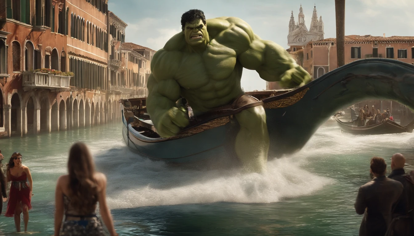 Realistic, Personalidade: [Illustrate a photo of the Hulk and Wonder Woman about to board a gondola in Venice. The peaceful and serene atmosphere is destroyed when the water beneath them churns and foams. A huge mechanical sea serpent emerges from the water, piloted by a villain from another dimension. The scene should convey a sense of surprise and imminent danger.] Motor irreal, hiperreal --q 2 --v 5.2 --AR 16:9