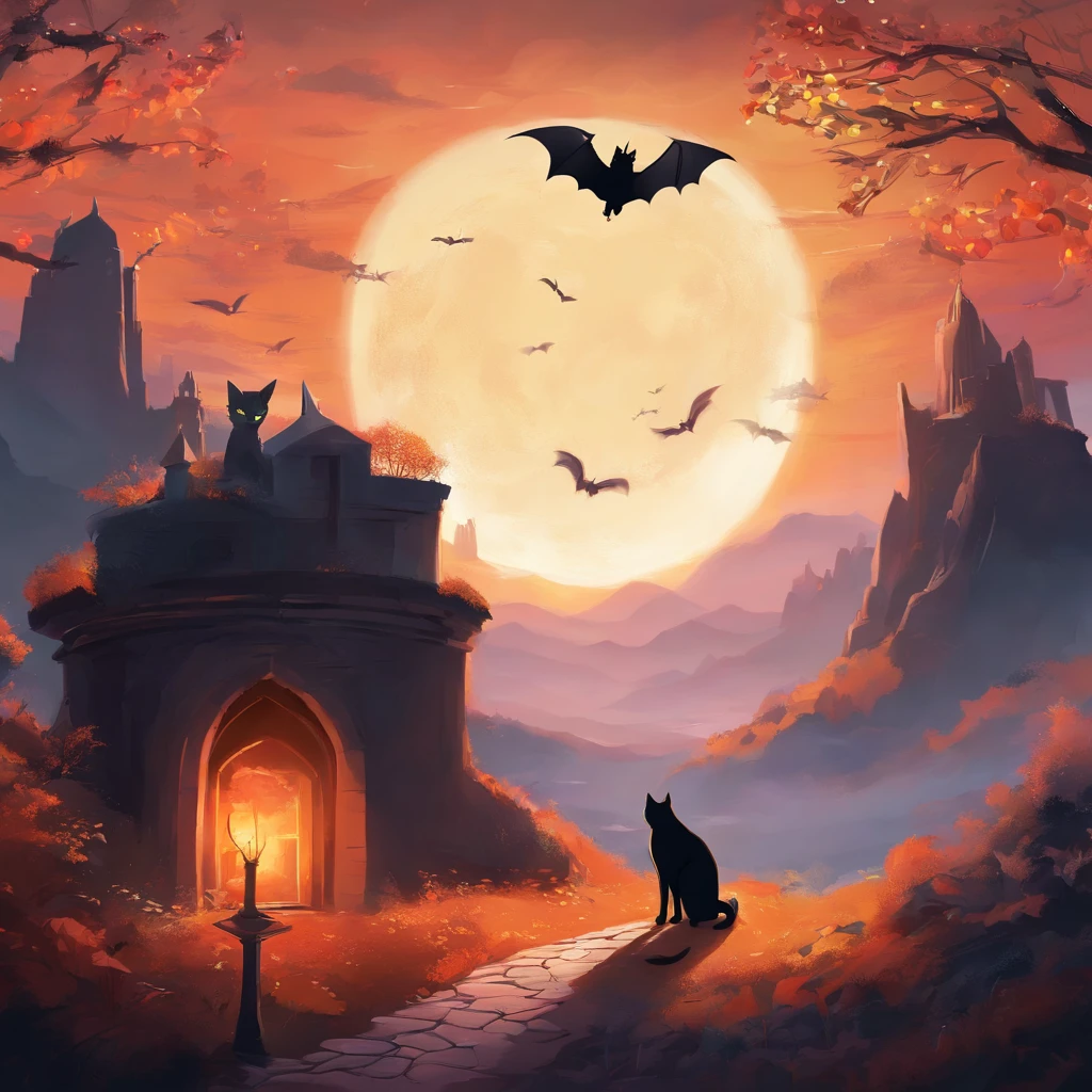 ((concept-art))、((Landscape only))、(No person)、Halloween Night、Fashionable、jolly、Casual details、Concept Design、black cat、There is a black cat、