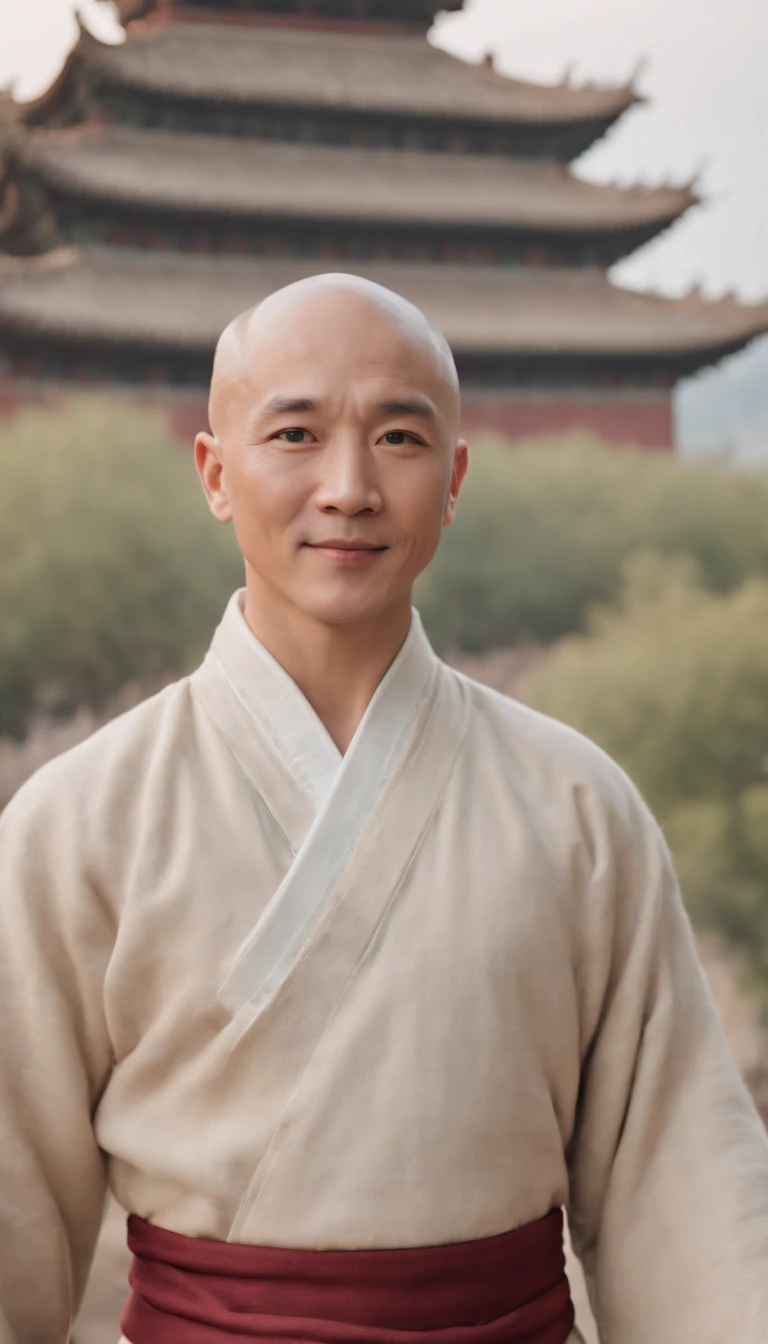 ((((super high quality)))), ((8K)), ((135mm sony lens)), young jackie chan, bald, dressed like avatar  Aang the airbender, kungfu pose, smiling, full body photo, ancient Chinese city in the background, (((wes anderson color grade)))