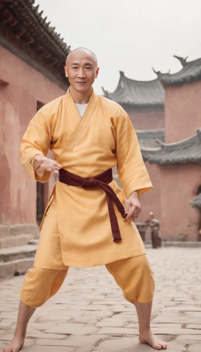 ((((super high quality)))), ((8K)), ((135mm sony lens)), young jackie chan, bald, dressed like avatar Aang the airbender, kungfu pose, smiling, full body photo, ancient Chinese city in the background, (((wes anderson color grade)))