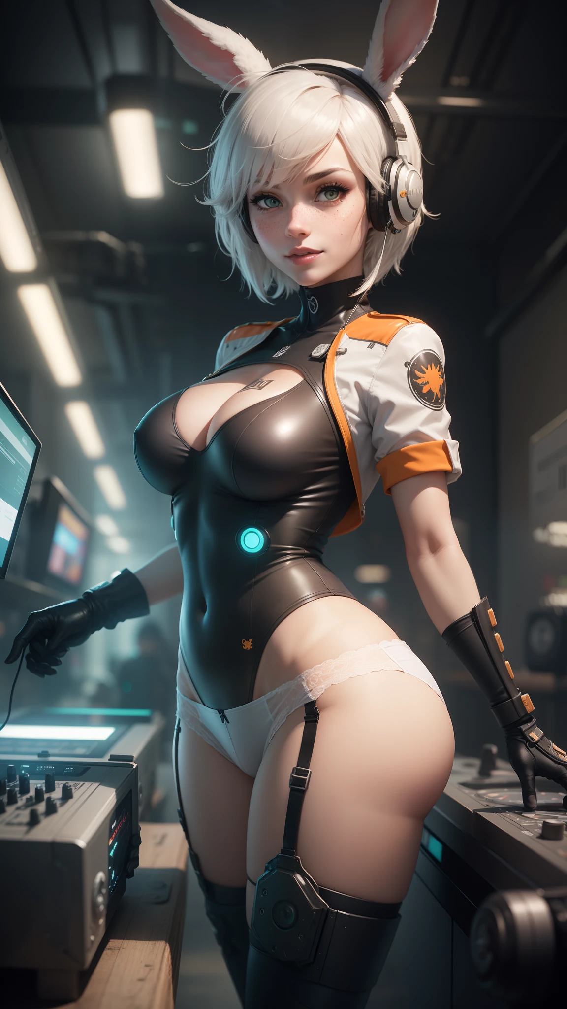 gwen tennyson,tracer,yorha 2b,y'shtola rhul,nobara kugisaki,overwatch,nier automata,eva pilot,night club,tattoos, orange and silver plugsuit,white short sleeve pilot top,orange lycra micro shorts,garter belt,uncovered belly,short hair,cute makeup,green eyes,dimensional golden hair,sexy smile,freckles,beautiful girl,large breasts,8k,ultra detailed,realistic,fantasy art,cyborg armor,dj uniform,ear piercings, saiyan girl,saiyan female,white short sleeve cyberpunk jacket,bunny dj headphones,dj mixer, big speakers,neon lights,dancing,bunny suit,bunny tail,