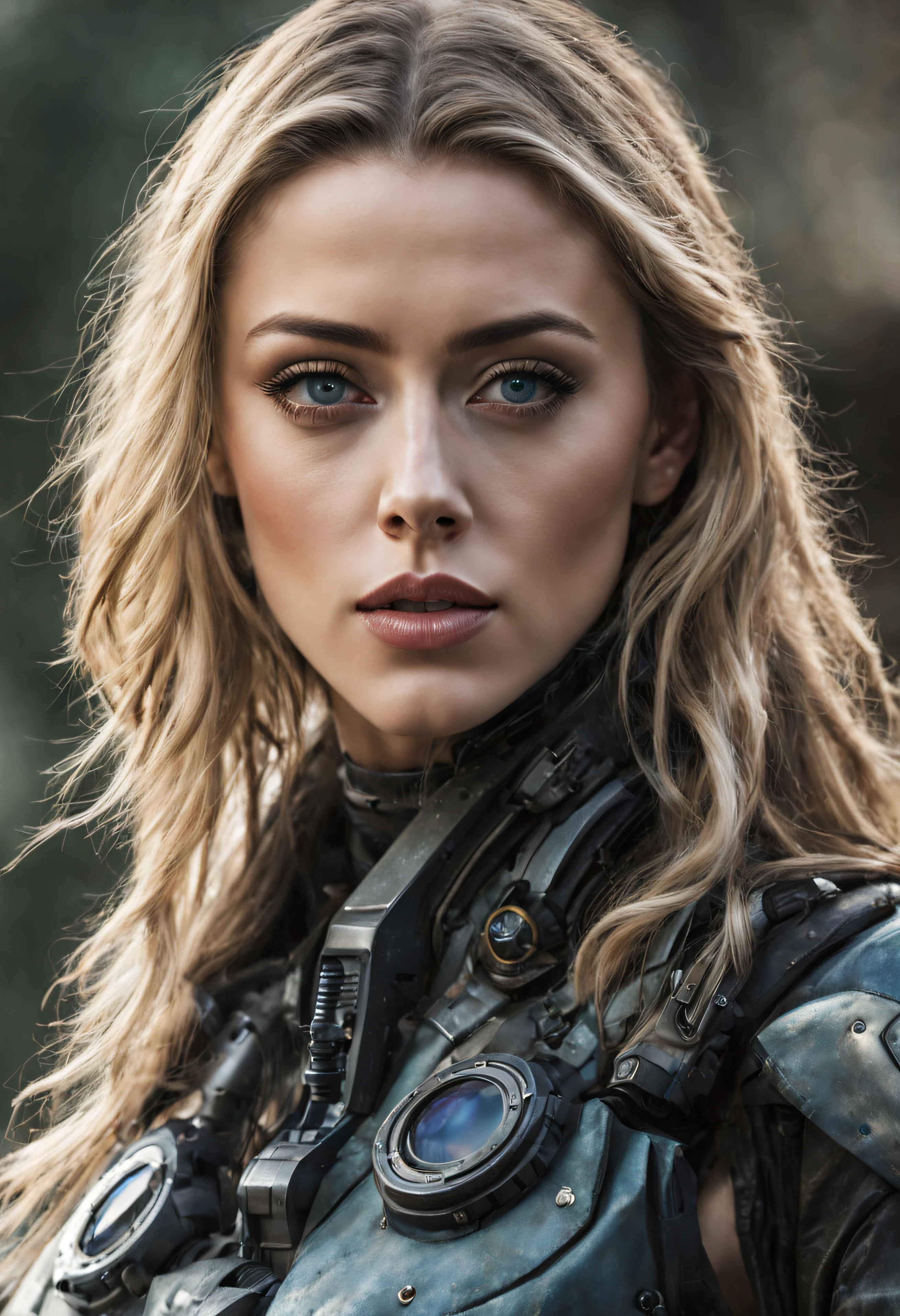 mujer alienigena extraterrestre, considerada como una de las razas mas bellas de la galaxia, con una cara, ojos y labios sensuales (parecidos a amber heard), ojos verdes, vestida con uniforme sexy de gears of war, se encuentra en centro de control de estacion espacial. hiperrealista, imagen nitida, 8