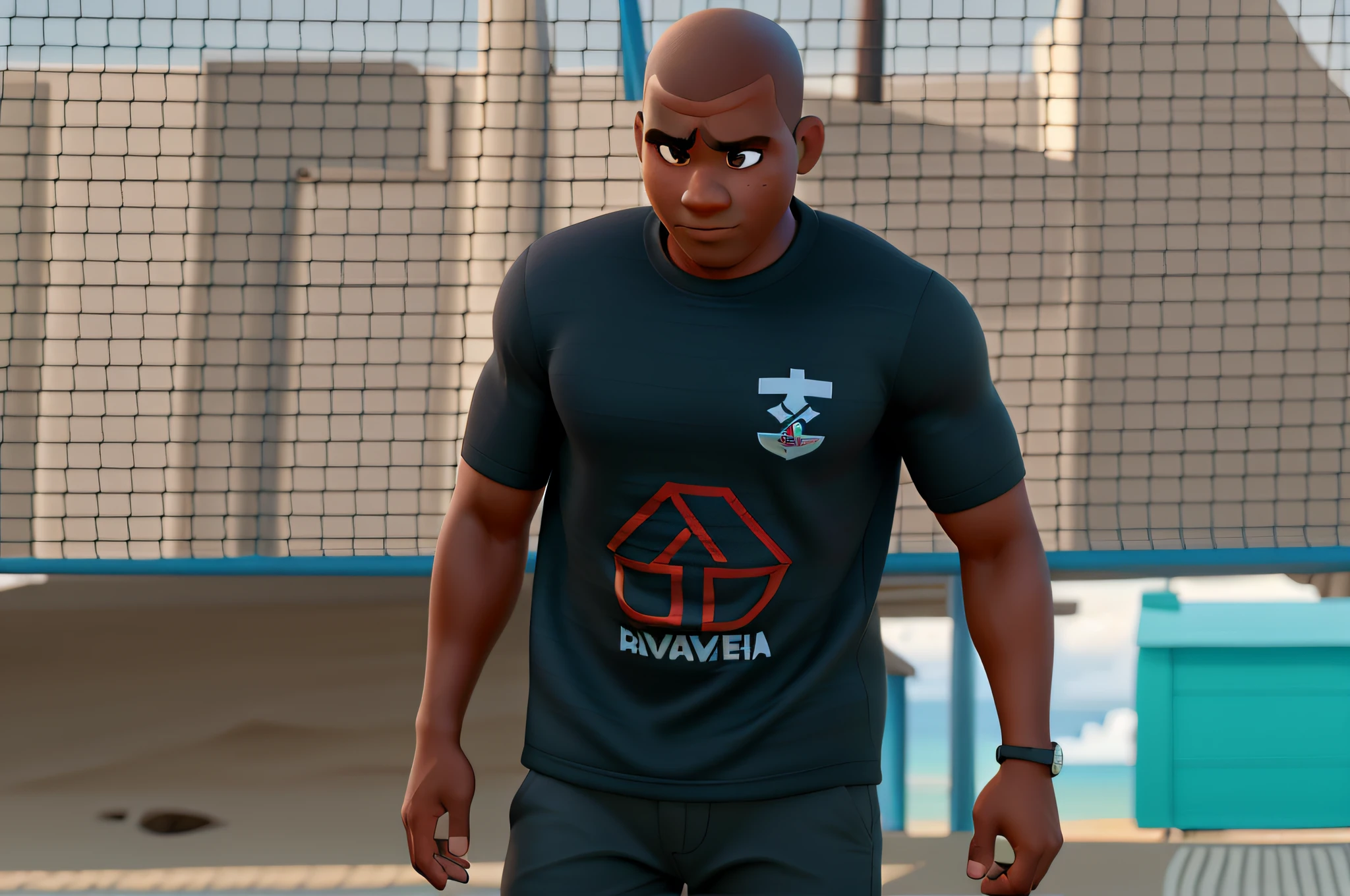 um homem negro, careca, forte, olhando pra baixo, na praia, com cavanhaque, estilo disney pixar, alta qualidade, melhor qualidade