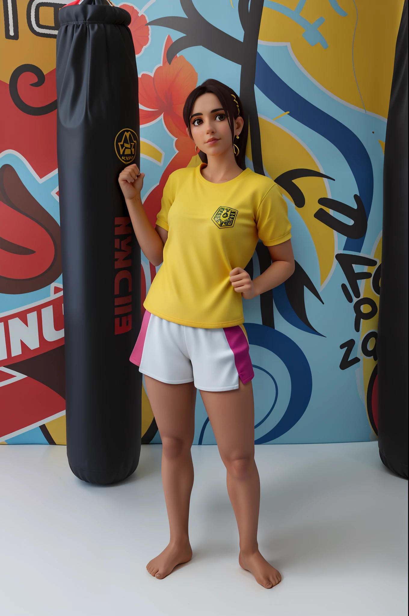 mulher de camisa amarela e shorts brancos posando em frente a um saco de pancadas, posando pronto para uma luta, Pose de postura heroica de Muay Thai, Postura de mauy thai,  postura do boxe, em pose de luta, Pose de lutador