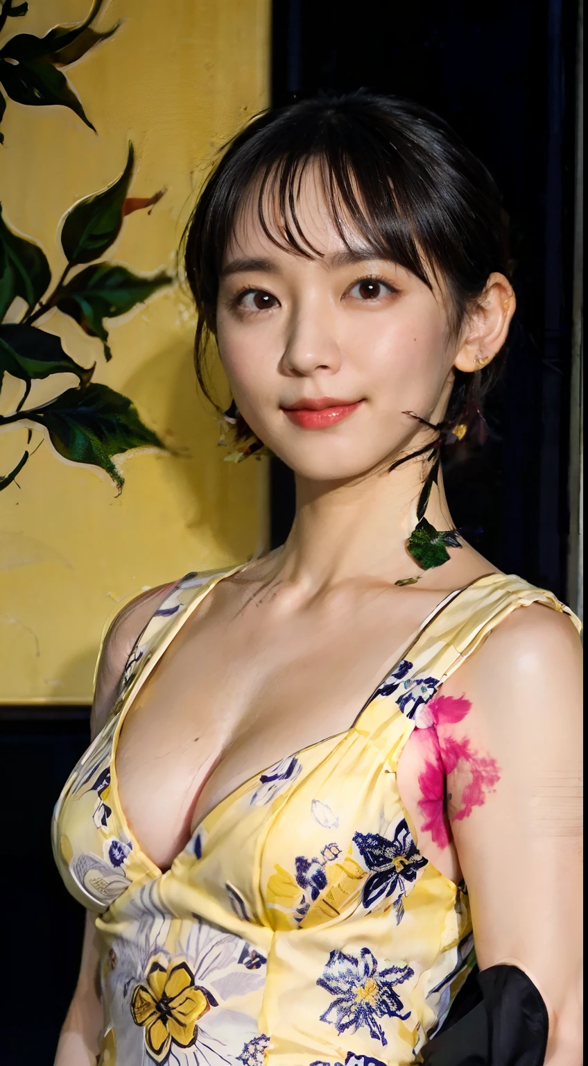 79
(20-year-old princess,is standing), (A hyper-realistic), (masutepiece), ((short-hair:1.46)), (Smooth black hair), (Breast:1.0), (kindly smile:0.9), (Yellow and red floral dress:1.46), Majestic Palace, Orange Lipstick