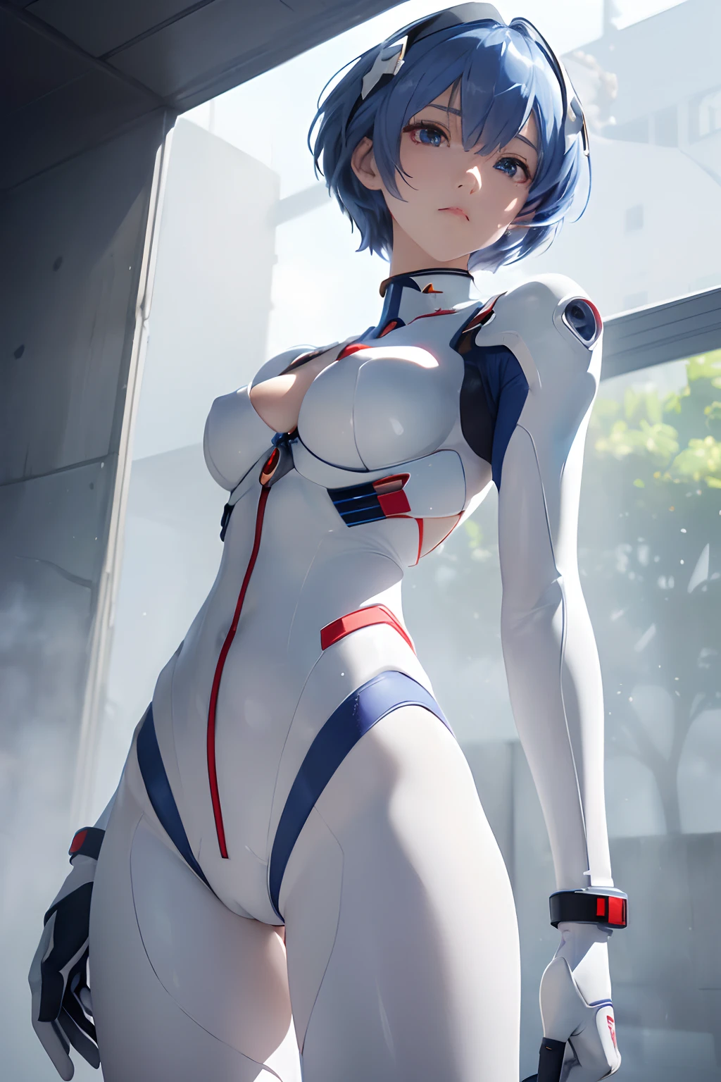 (masterpiece, best quality, ultra-detailed, 8k, wallpaper, photorealistic), ((perfect hands)), ((perfect anatomy)), medium cleavage, long round legs, round ass, ((alluring anime girl)), ((Rei Ayanami)), ((capturing her ethereal beauty with pale skin, striking detailed short indigo hair)), ((and bright crimson eyes that seem to hold a mysterious depth)), ((she wears her signature white plug suit, sleek and form-fitting, with subtle blue accents)), ((Rei stands in a calm and enigmatic pose, exuding an aura of otherworldly grace and contemplation)), ((medium shot)), ((dynamic background)), ((sensual pose))